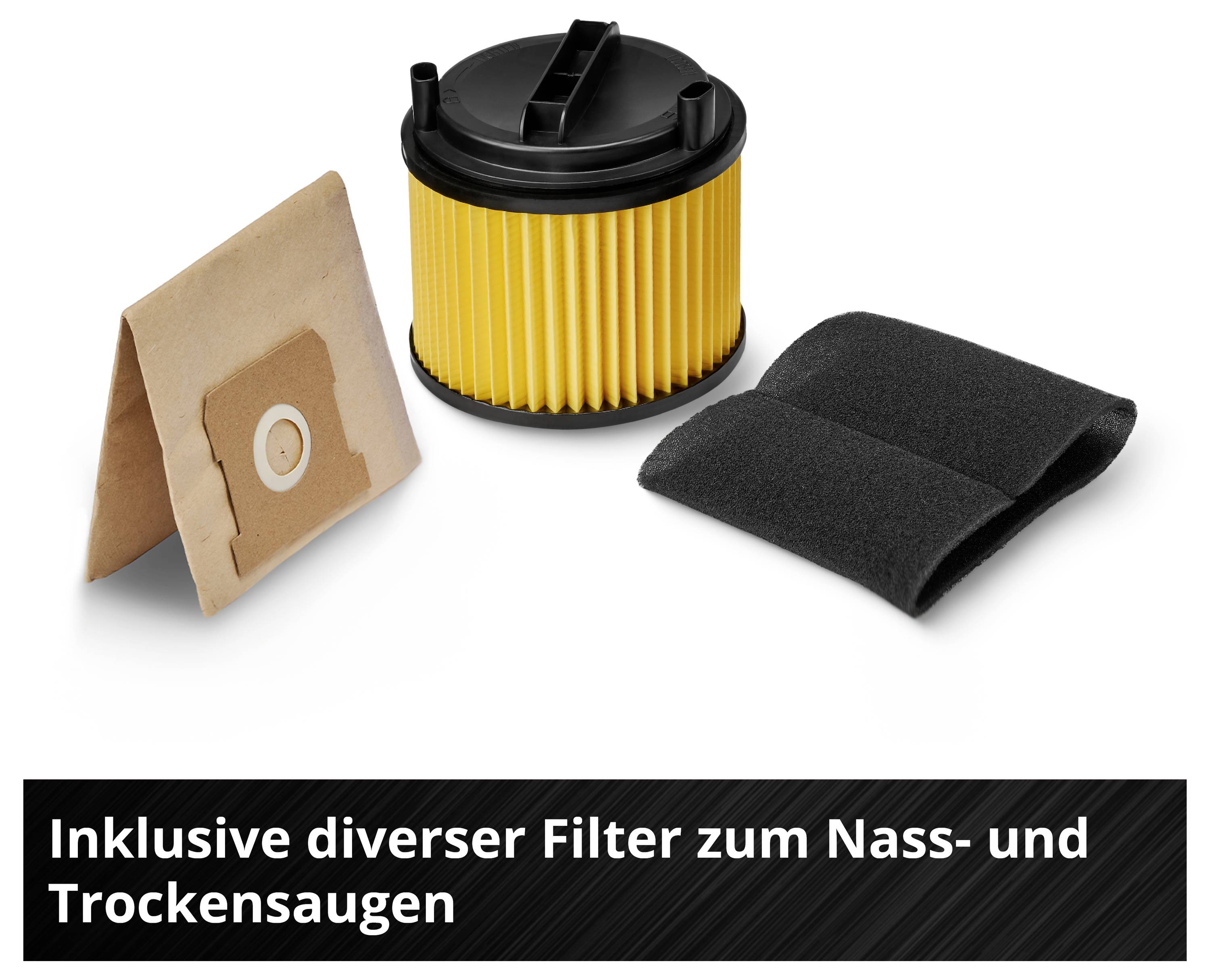 Diverse Filter zum Nass- und Trockensaugen. Abgebildet sind ein gelber Faltenfilter, ein Staubbeutel und zwei schwarze Schaumstofffilter.