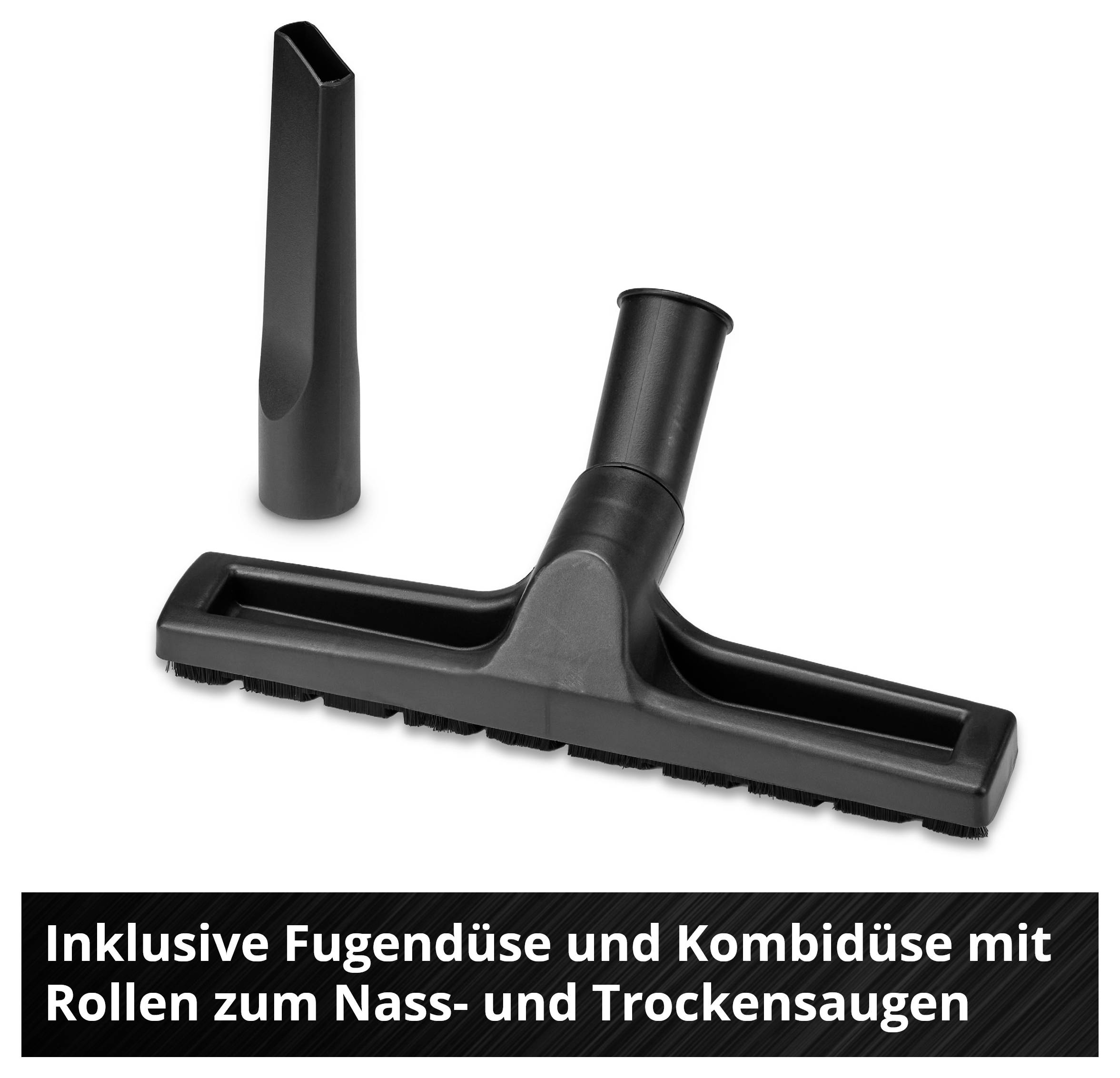 'Inklusive Fugendüse und Kombidüse mit Rollen zum Nass- und Trockensaugen.' zeigt zwei Vakuumdüsen für verschiedene Reinigungszwecke.