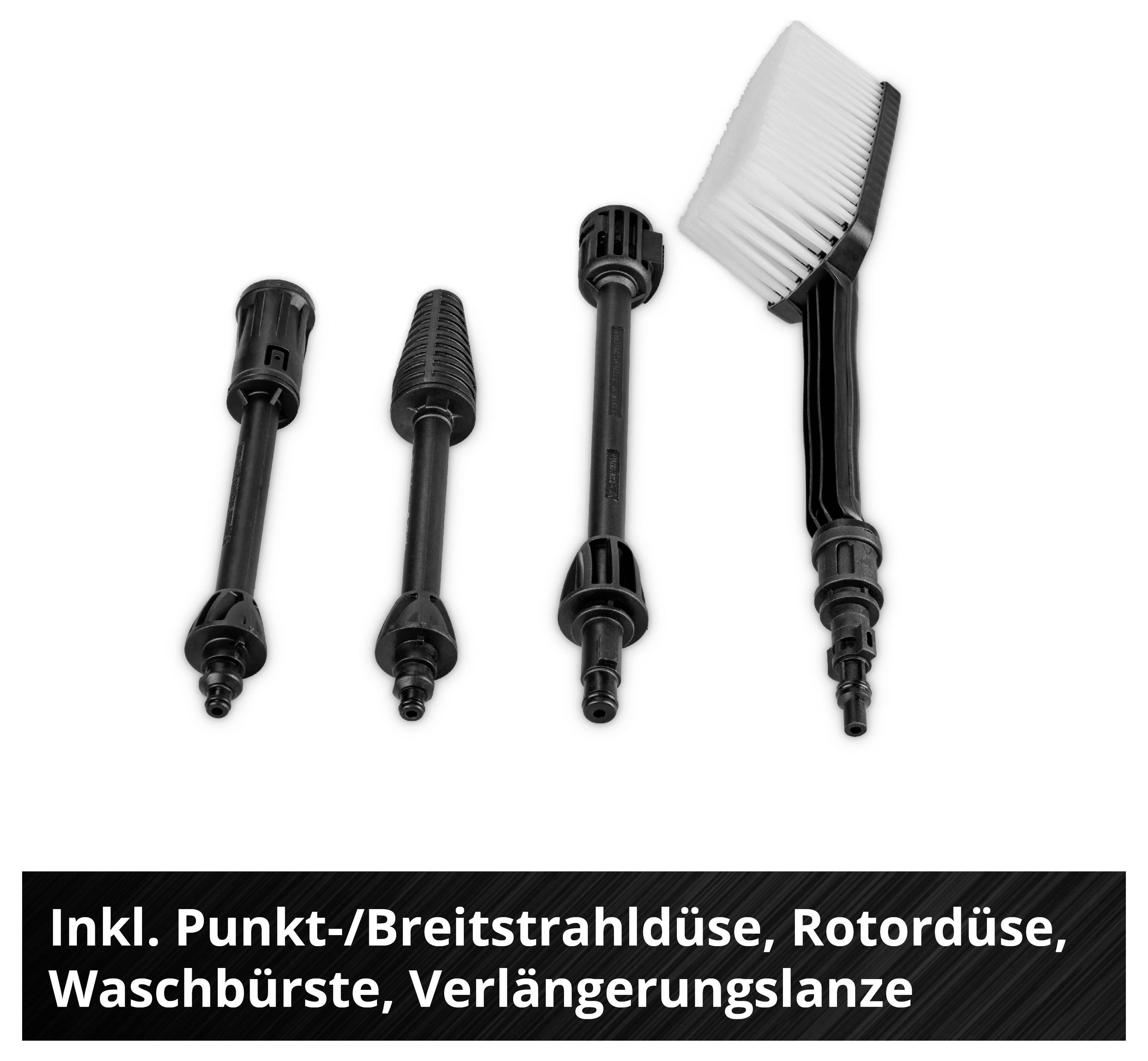 'Inkl. 5 m Ansaugschlauch mit Wasserfilter und 4 m Druckschlauch.' Schwarzes Kabel und transparenter Schlauch mit Filtern.