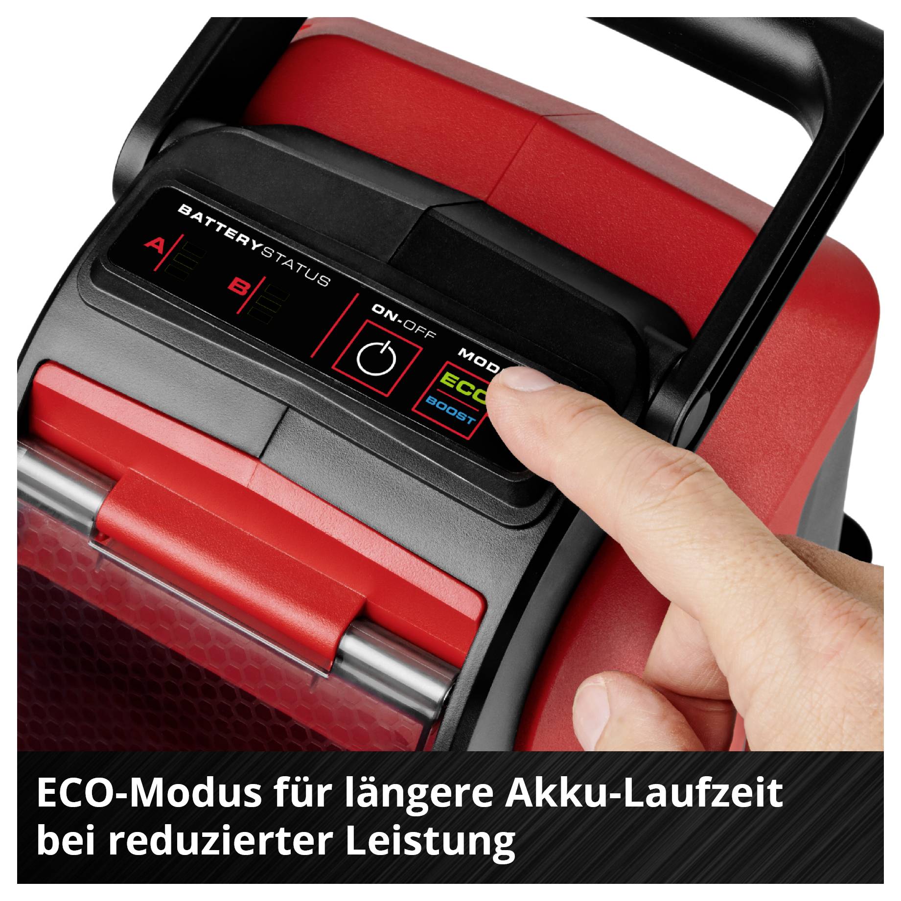 Akkulaufzeit im ECO Modus: 2.0 AH (11 min), 3.0 AH (17 min), 4.0 AH (22 min), 5.2 AH (30 min), 6.0 AH (35 min), 8.0 AH (46 min).