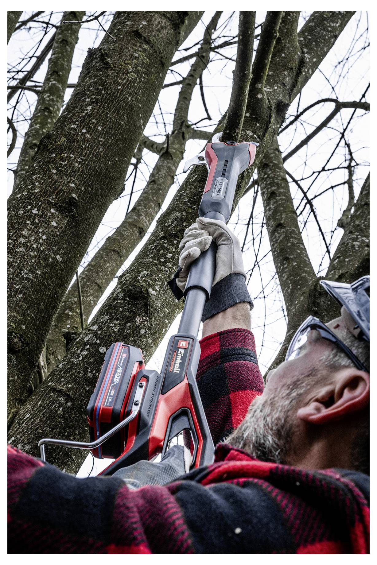 Eine Person in Schutzausrüstung verwendet eine akkubetriebene Säge, um Äste von einem Baum zu schneiden und betont dabei Arbeiten zur Pflege des Außenbereichs.