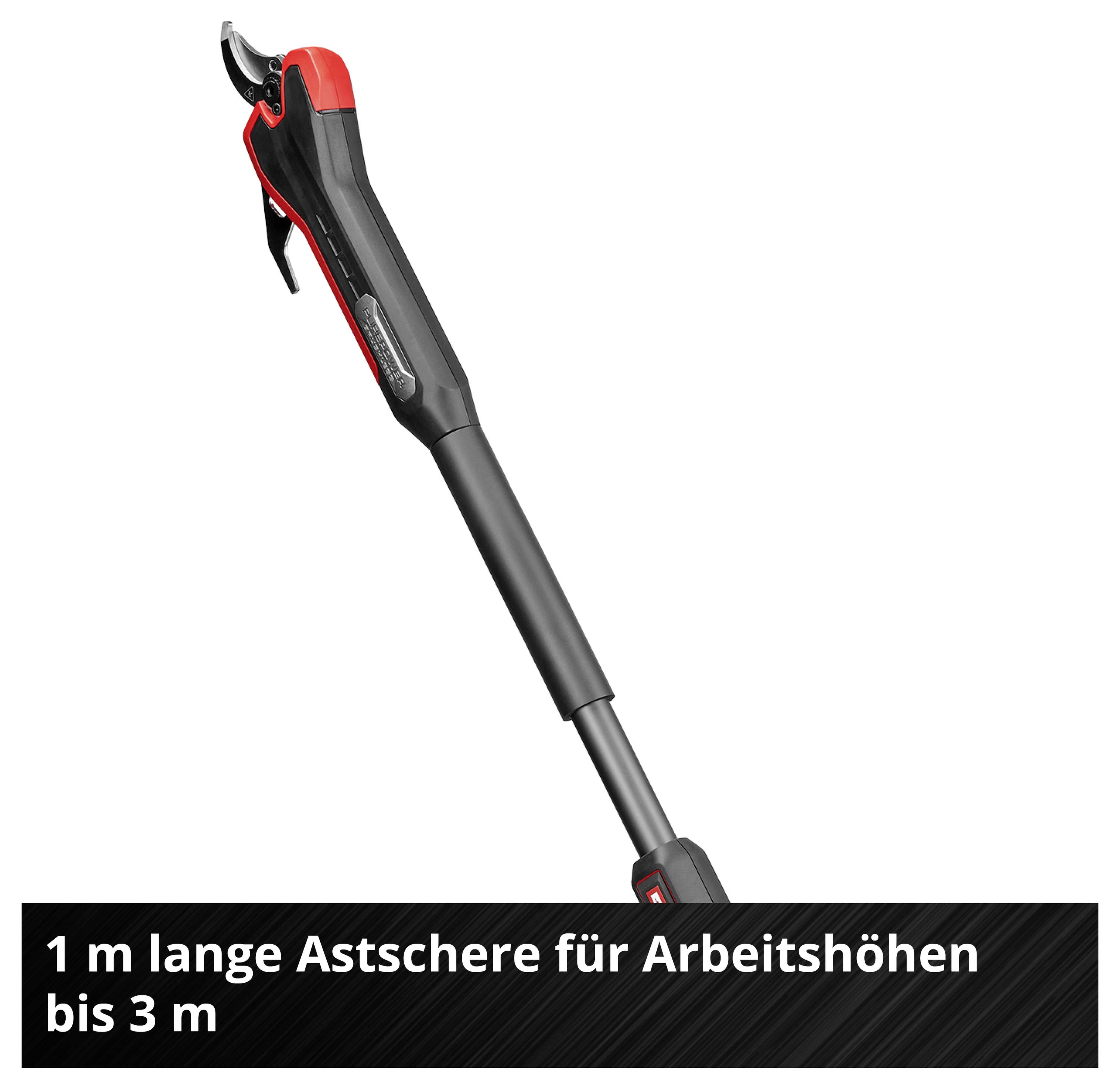 Teleskop-Astsäge mit rotem und schwarzem Griff. Text: '1 m lange Astschere für Arbeitshöhen bis 3 m'.