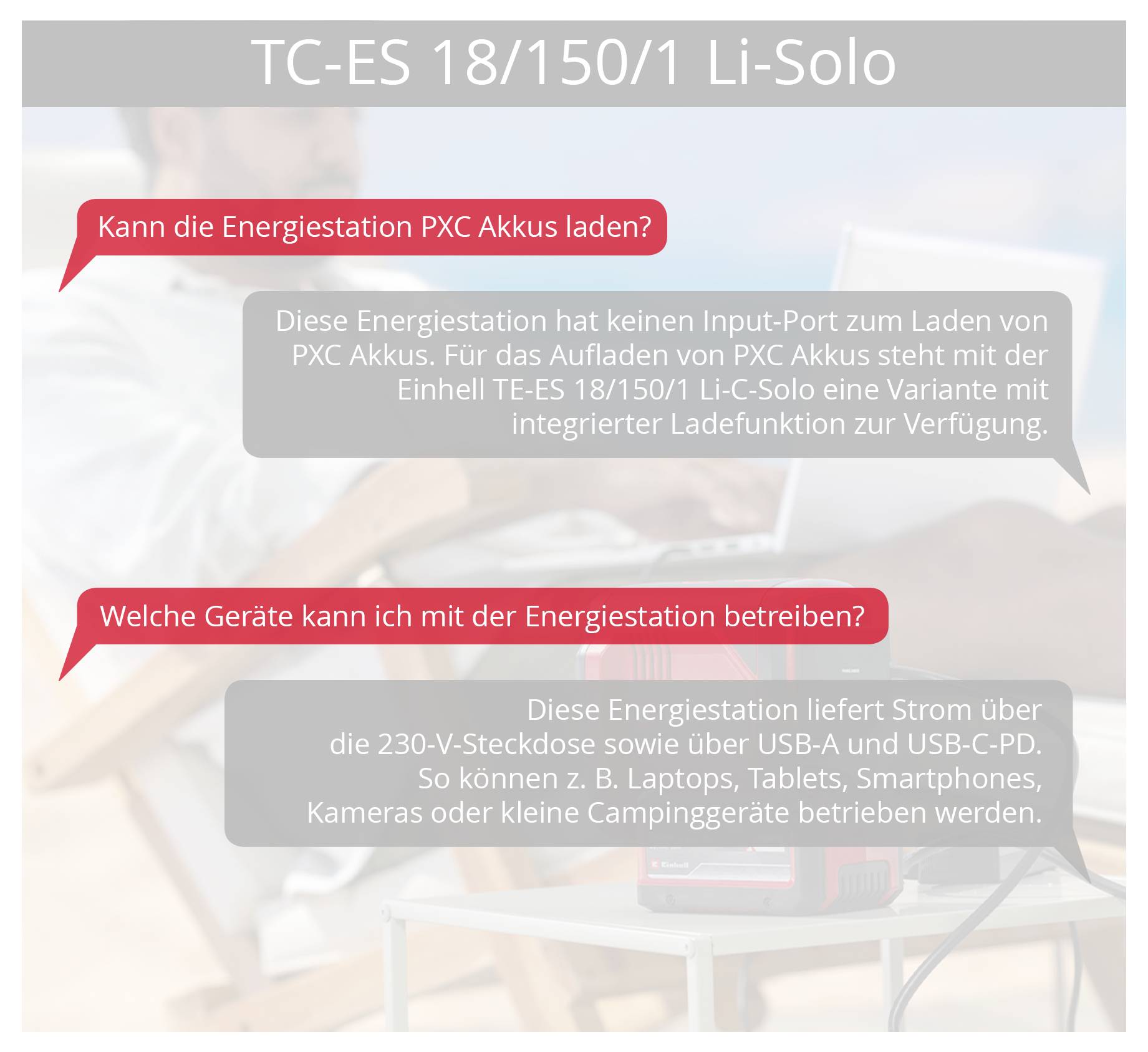 Mann sitzt auf einem Sofa mit einem Tablet. Text über Ladefunktion und kompatible Geräte der Energiestation, Einhell TE-ES 18/150/1.