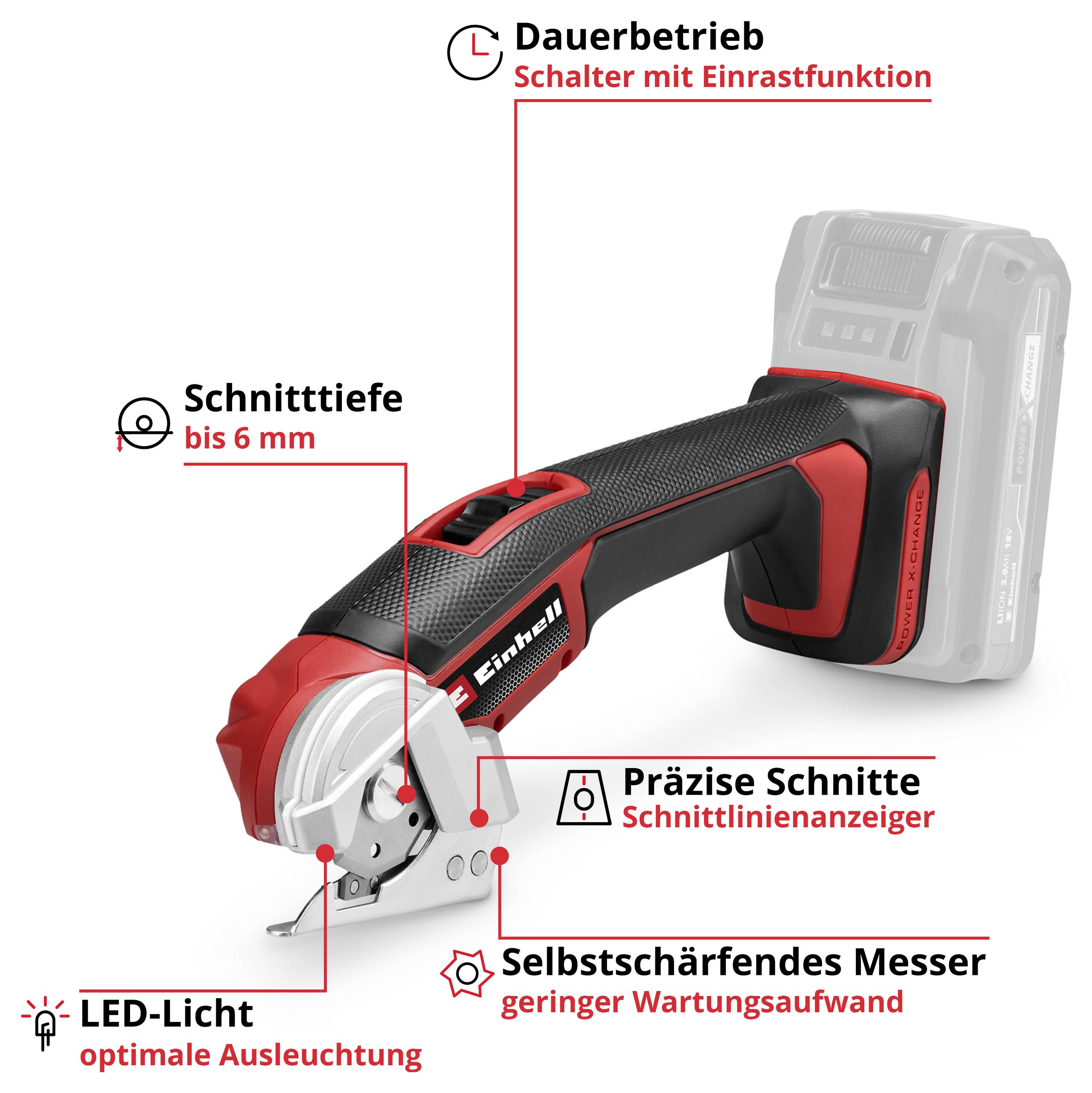 Akkuschneider mit rotem Griff zeigt Schnittstärke von 6 mm, LED-Licht, selbstausrichtendes Messer, präzise Schnitte und Dauerbetriebsschalter.