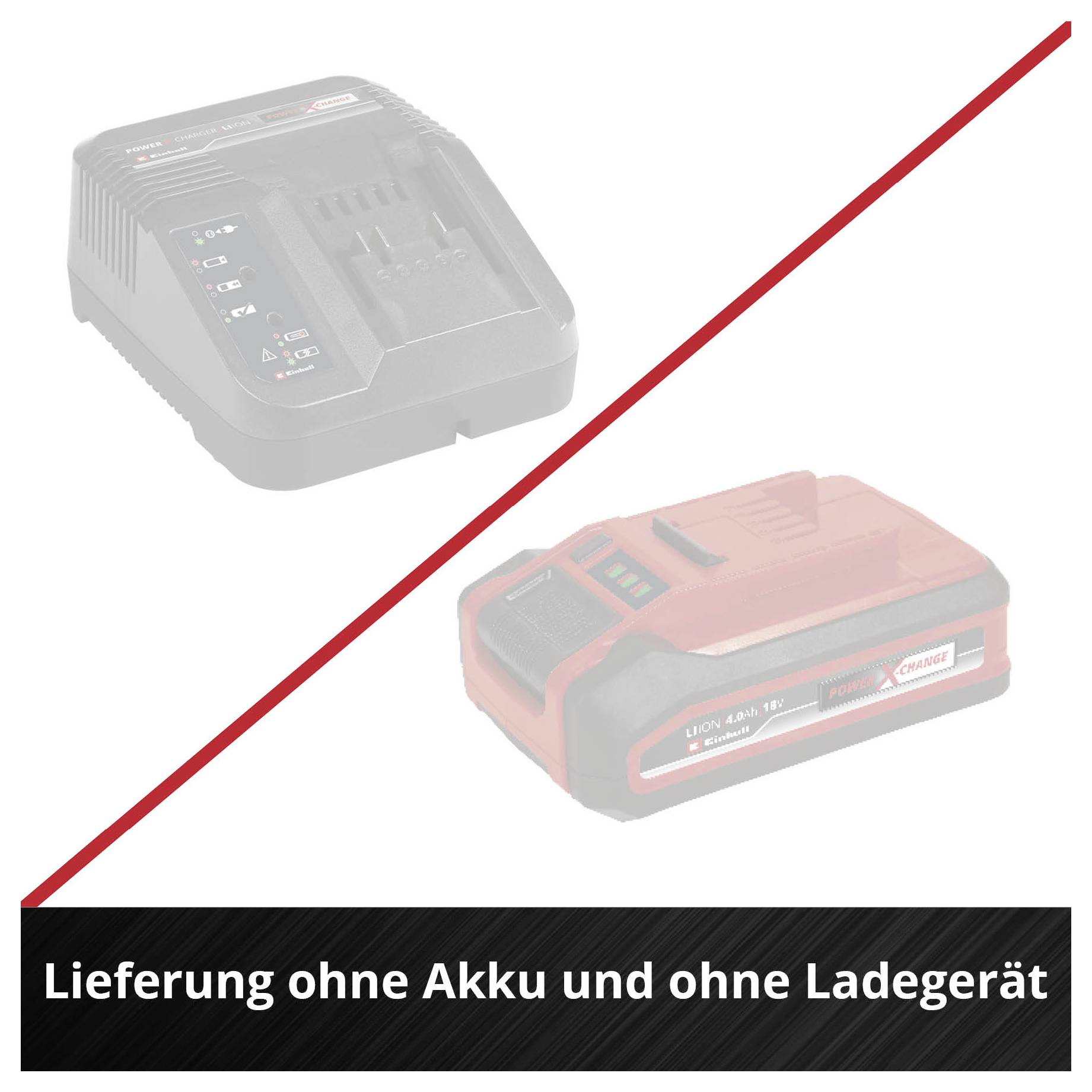 Eine rote Werkzeugbatterie ohne Ladegerät. Der Text unten sagt 'Lieferung ohne Akku und ohne Ladegerät'.