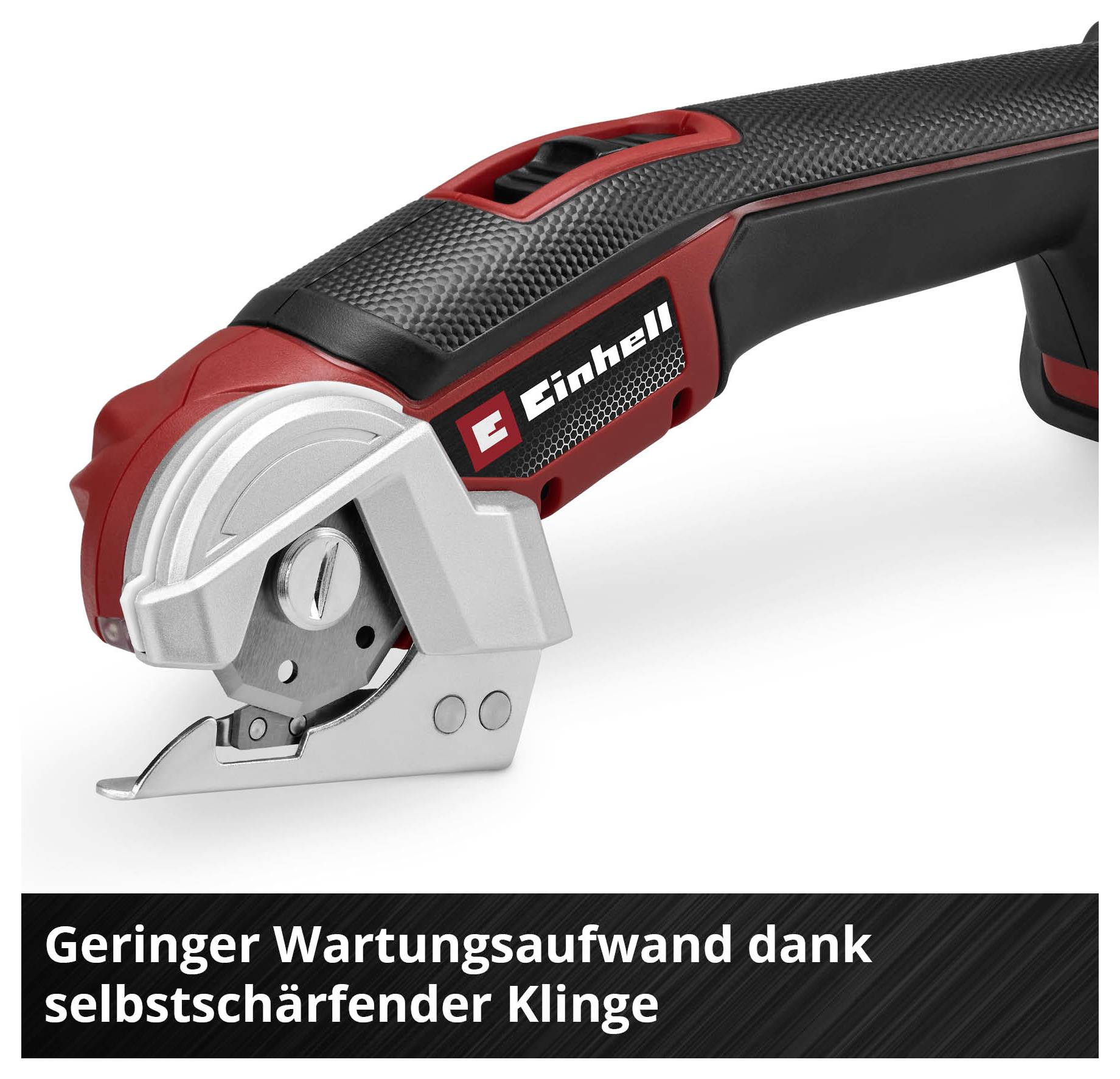 Einhell-Handwerkzeug mit Klinge. Text: 'Geringer Wartungsaufwand dank selbstschärfender Klinge'.