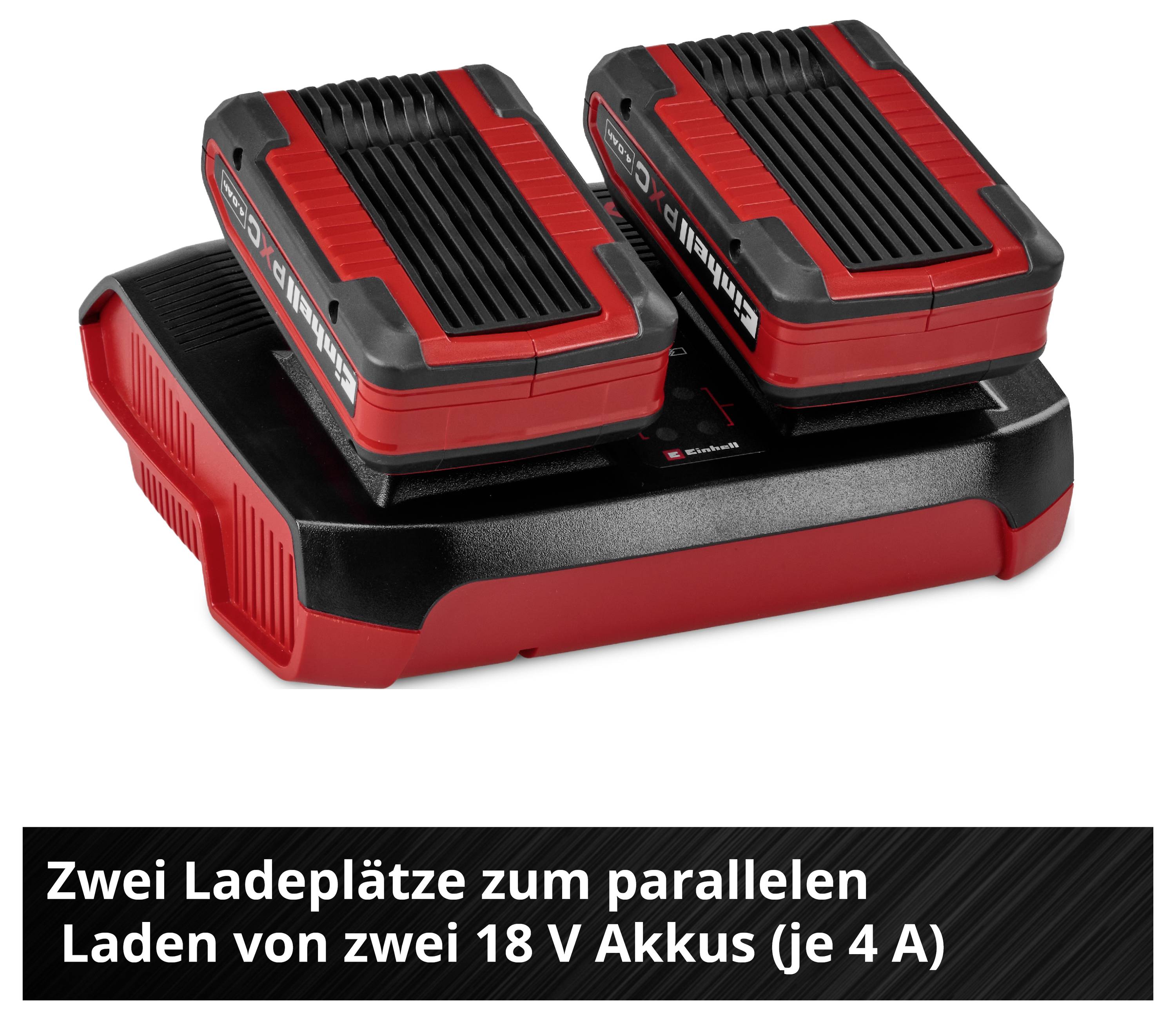 Zwei Ladegeräte für 18 V Akkus, auf einer Ladestation. Text: 'Zwei Ladeplätze zum parallelen Laden von zwei 18 V Akkus (je 4 A)'.