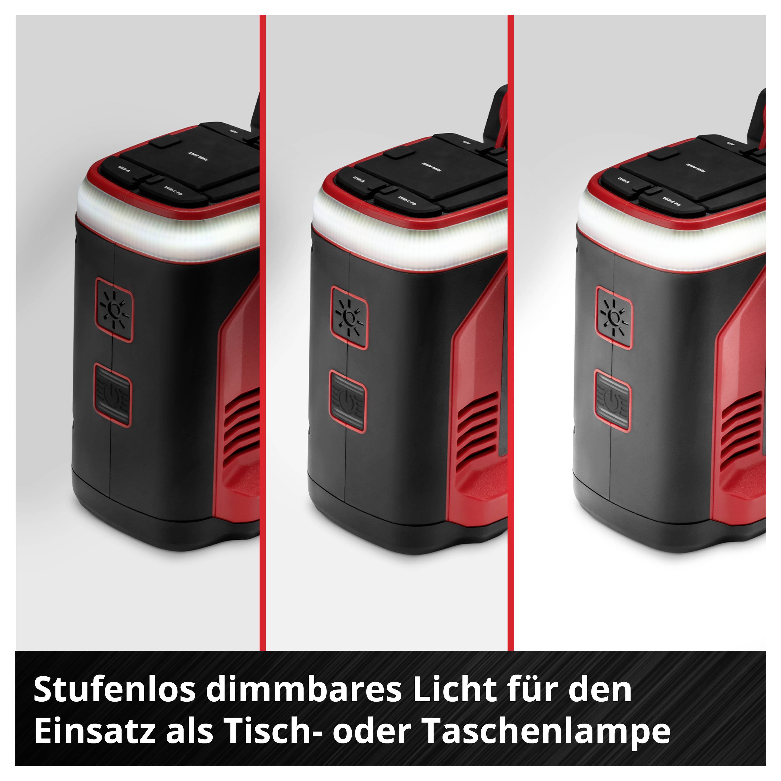 Eine kompakte, rechteckige Lampe mit stufenlos dimmbarem Licht. Geeignet für den Einsatz als Tisch- oder Taschenlampe.