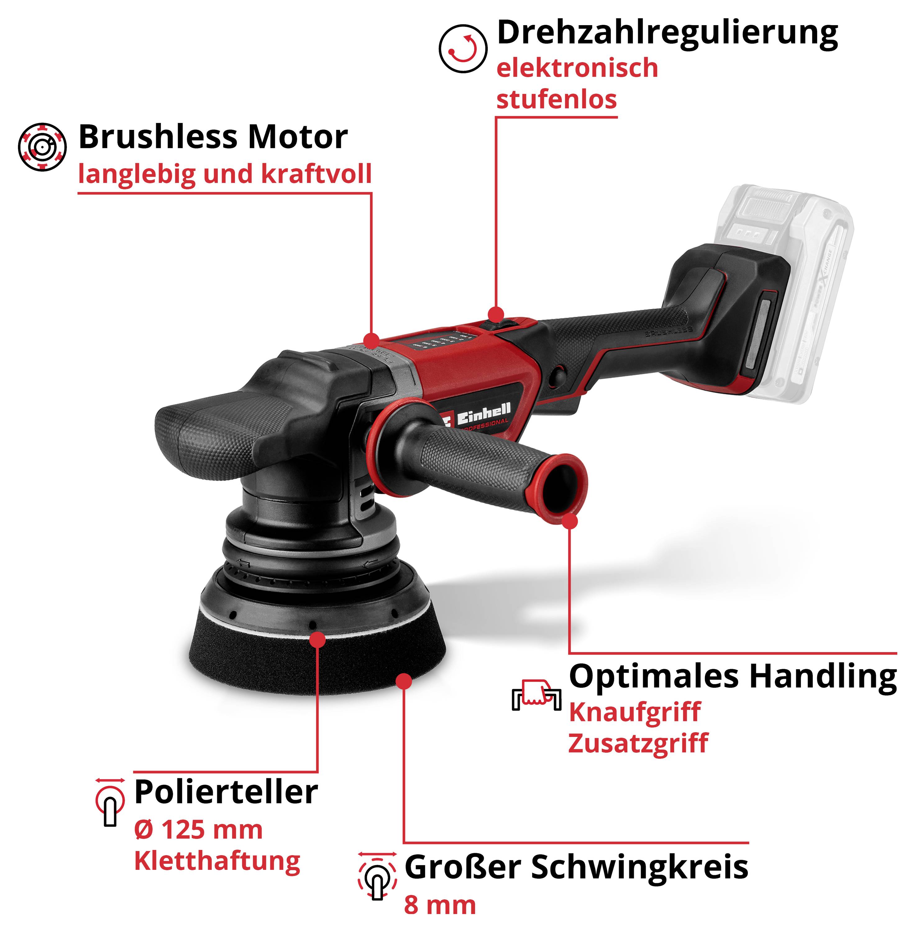Akkuschleifer mit bürstenlosem Motor, stufenloser Drehzahlregulierung, 125 mm Polierteller, 8 mm Schwingkreis, ergonomisches Design.