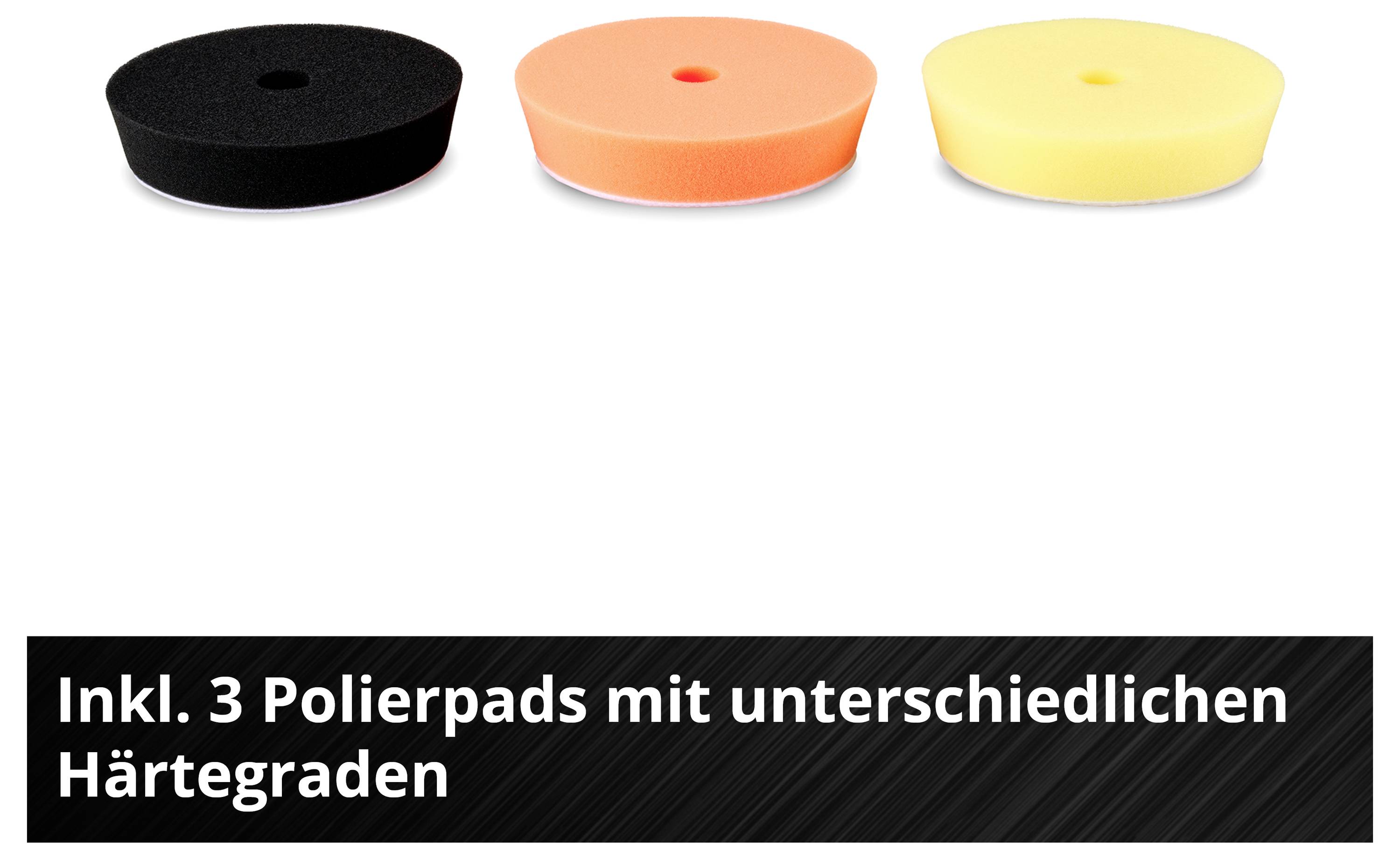 Drei Polierpads in Schwarz, Orange und Gelb, jeweils mit unterschiedlichen Härtegraden.