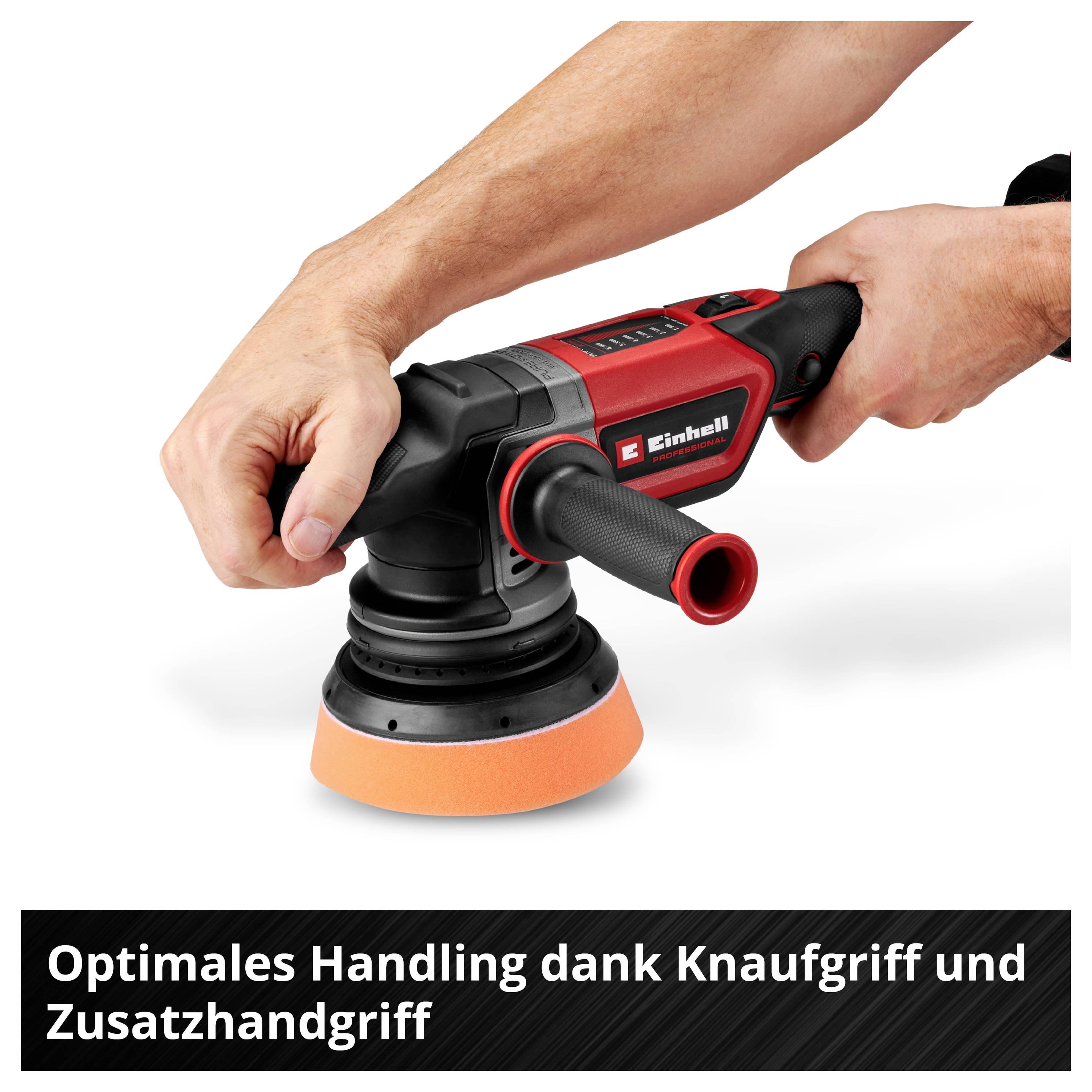Person hält einen Elektro-Polierer mit rotem Gehäuse und orangem Polierpad. Text unten: 'Optimales Handling dank Knaufgriff und Zusatzhandgriff'.