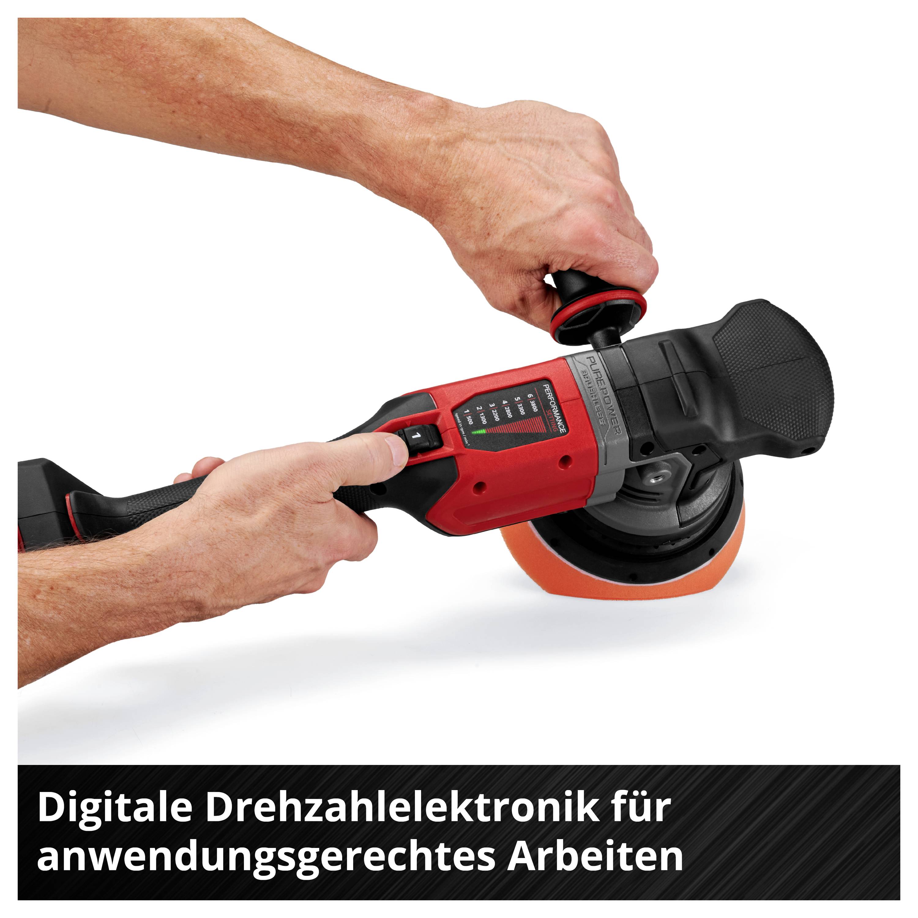 Person hält eine elektrische Schleifmaschine. Text darunter: 'Digitale Drehzahl­elektronik für anwendungsgerechtes Arbeiten'.