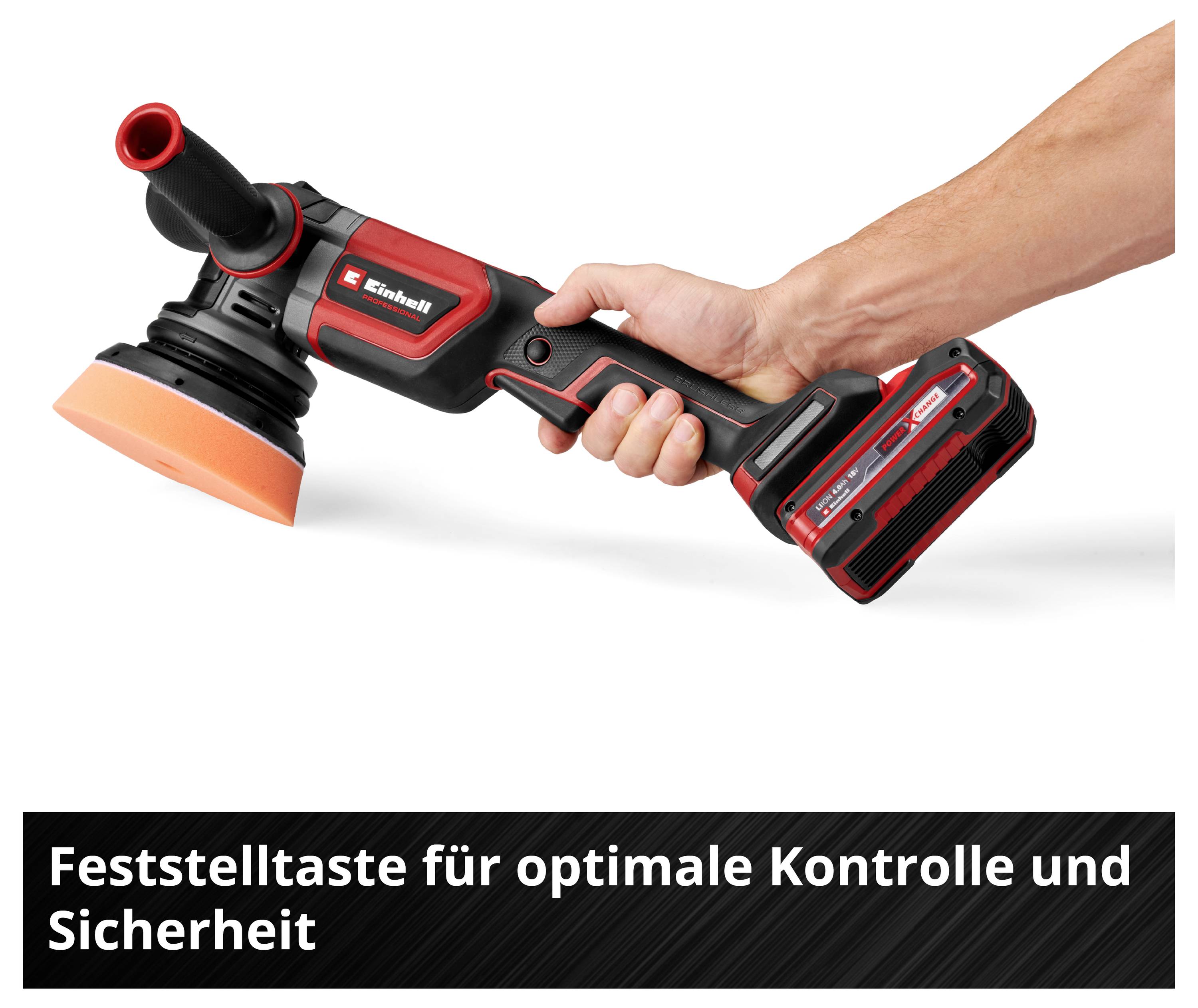 Akkupolierer in einer Hand gehalten, mit der Aufschrift 'Feststelltaste für optimale Kontrolle und Sicherheit'.