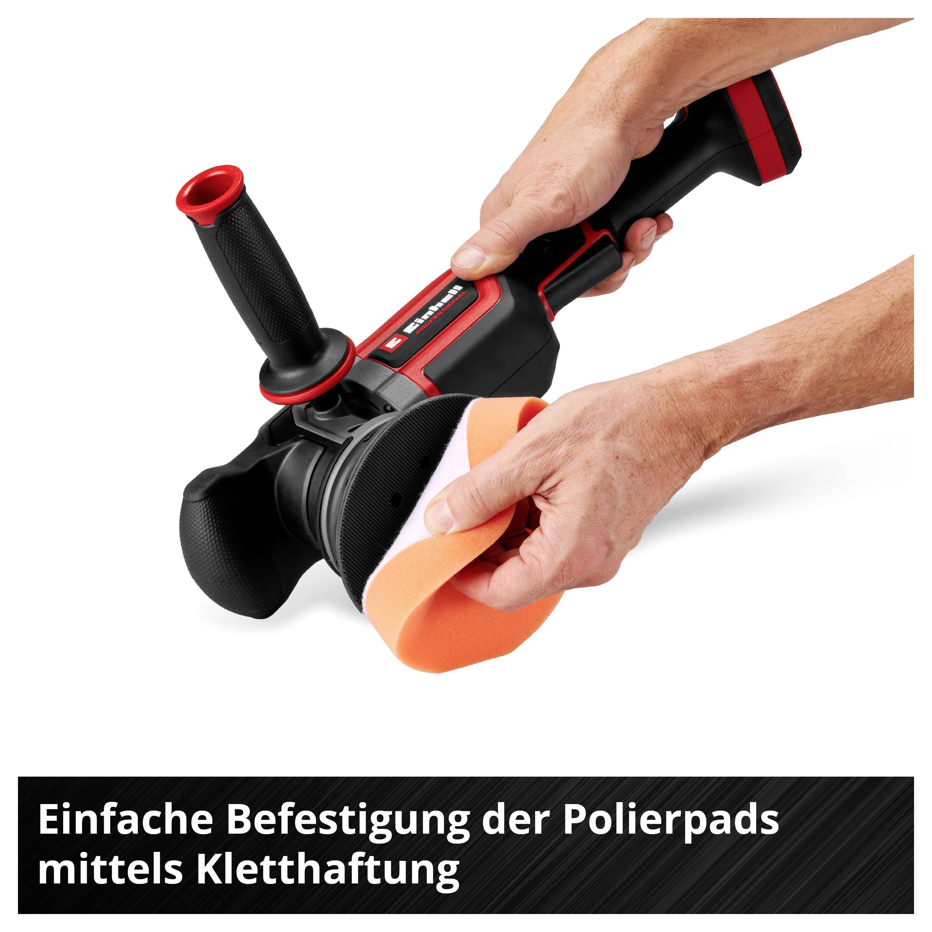 Ein Hand hält eine Poliermaschine mit einem Polierpad, das mittels Klett befestigt wird. Text im Bild: 'Einfache Befestigung der Polierpads mittels Klethaftung'.
