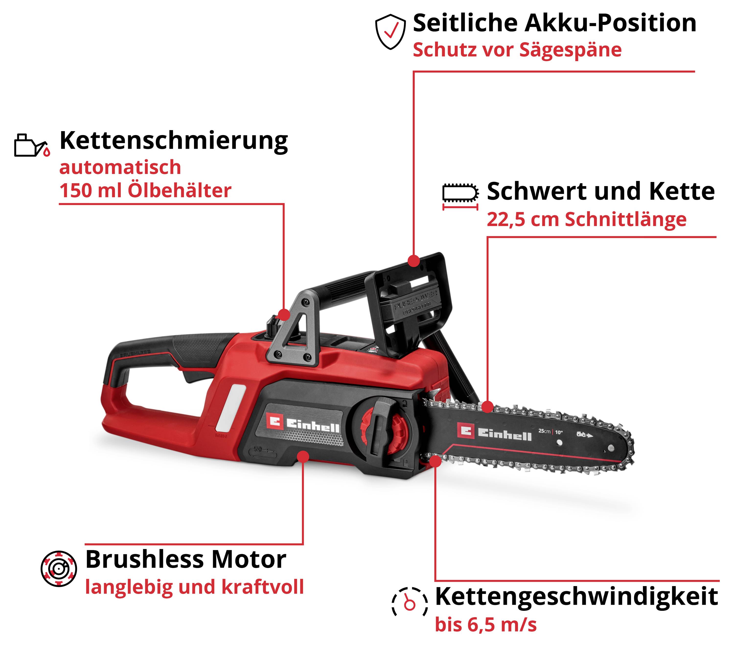 Akkubetriebene Kettensäge mit seitlicher Akku-Position. Merkmale: automatische Kettenschmierung, 22,5 cm Schwertlänge, brushless Motor, Kettengeschwindigkeit bis 6,5 m/s.