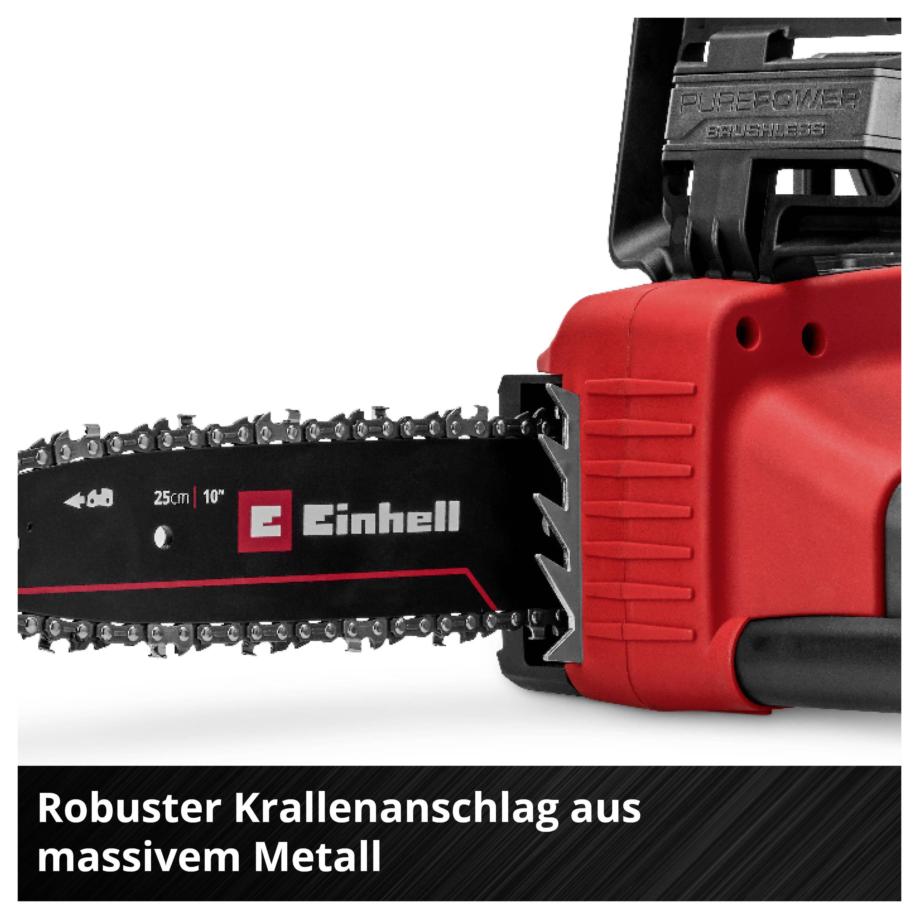 Kettensäge mit robustem Krallenanschlag aus massivem Metall, Marke Einhell. Detailaufnahme mit Fokus auf das Sägeblatt und den Griff.