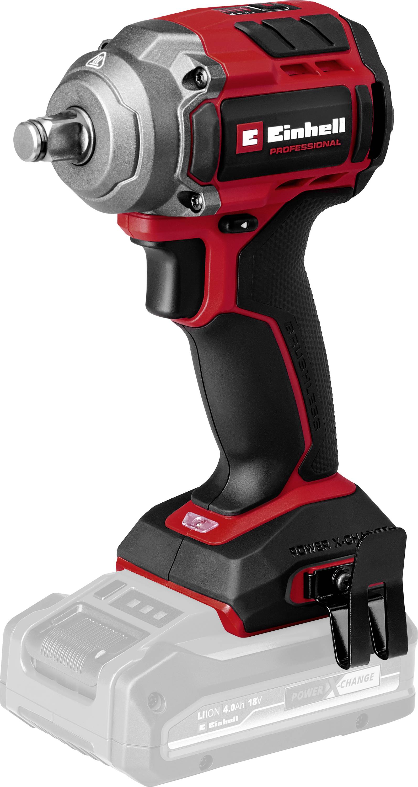 Eine rote und schwarze kabellose Schlagschrauber mit einem Metallstecknuss-Kopf wird präsentiert, die sein ergonomisches Design und das Markenlabel zeigt.