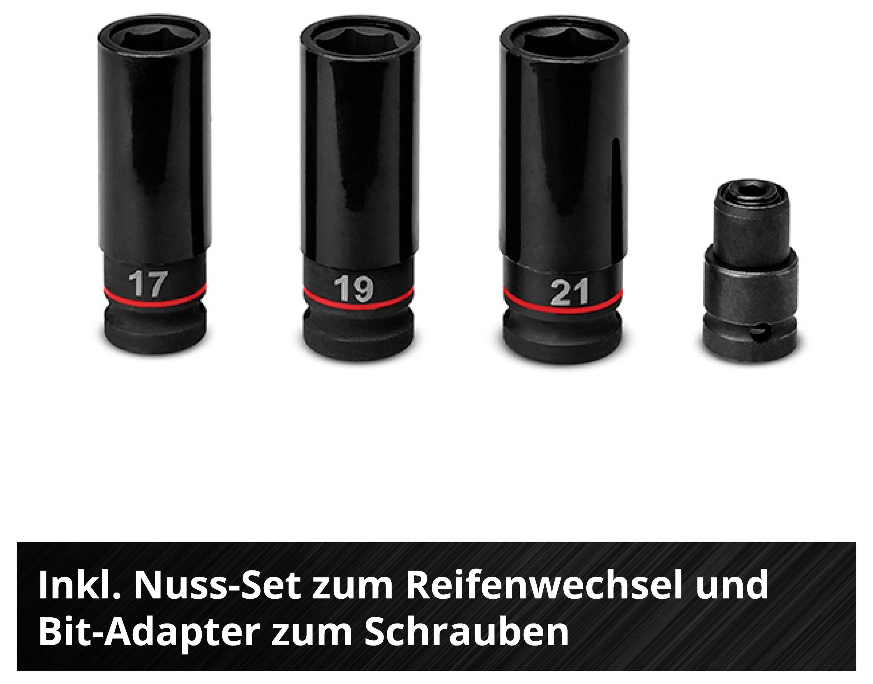 Vierteiliger Steckschlüsselsatz: 17, 19, 21 mm Nüsse und Bit-Adapter. Geeignet für Reifenwechsel und Verschraubungen.