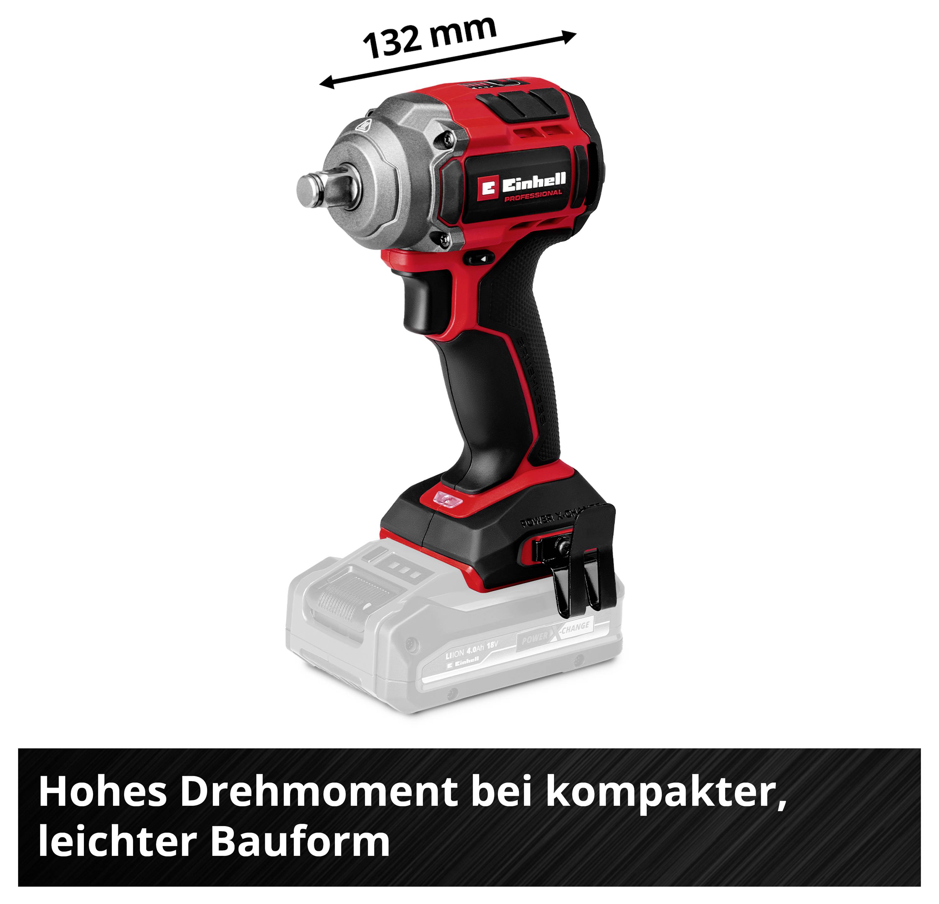 Ein roter Akkuschlagschrauber der Marke Einhell mit schwarzem Griff, Länge 132 mm, beworben für hohes Drehmoment und kompakte, leichte Bauform.