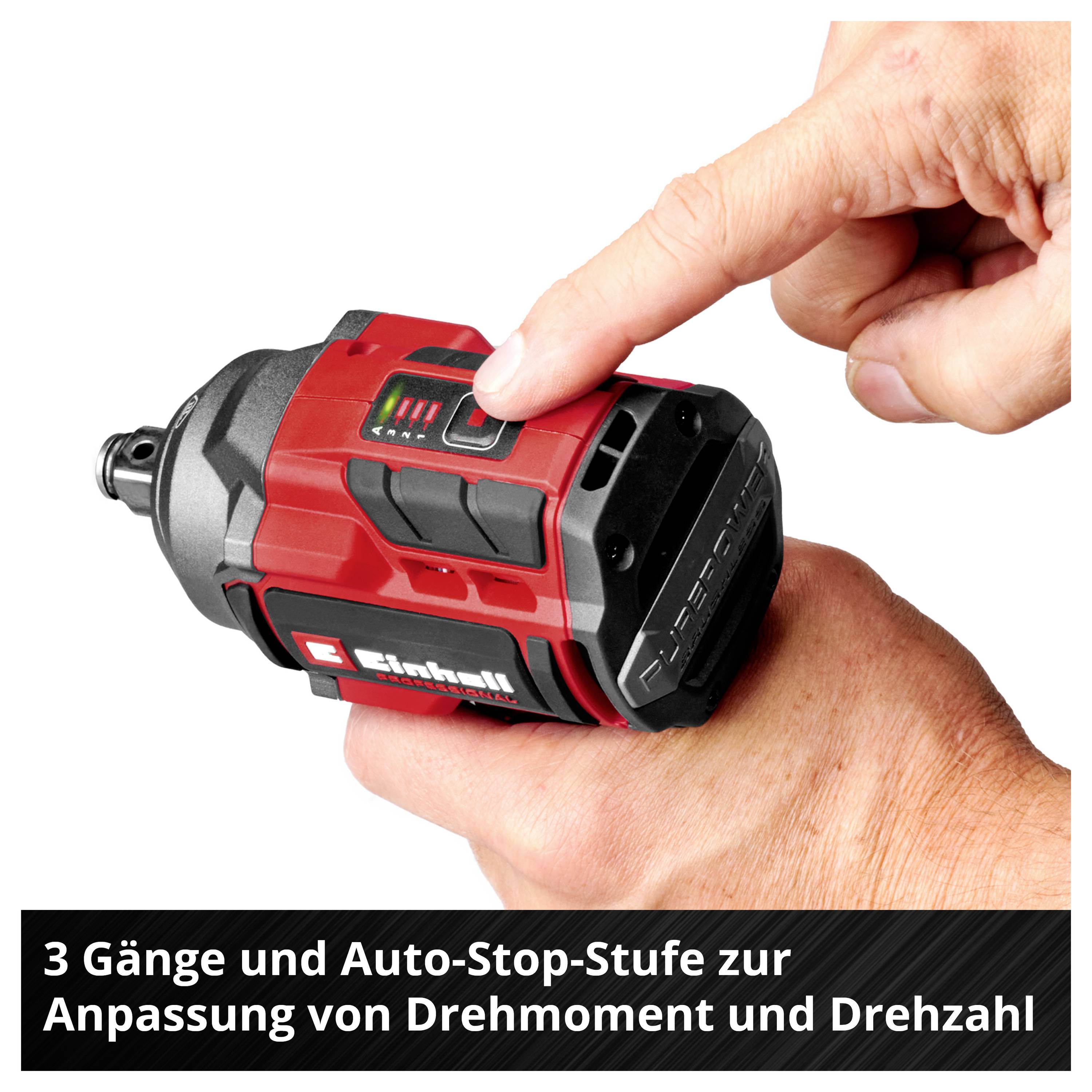 Akkuschrauber mit drei Gängen und Auto-Stop-Funktion. Rote und schwarze Farbe, Anpassung von Drehmoment und Drehzahl möglich.