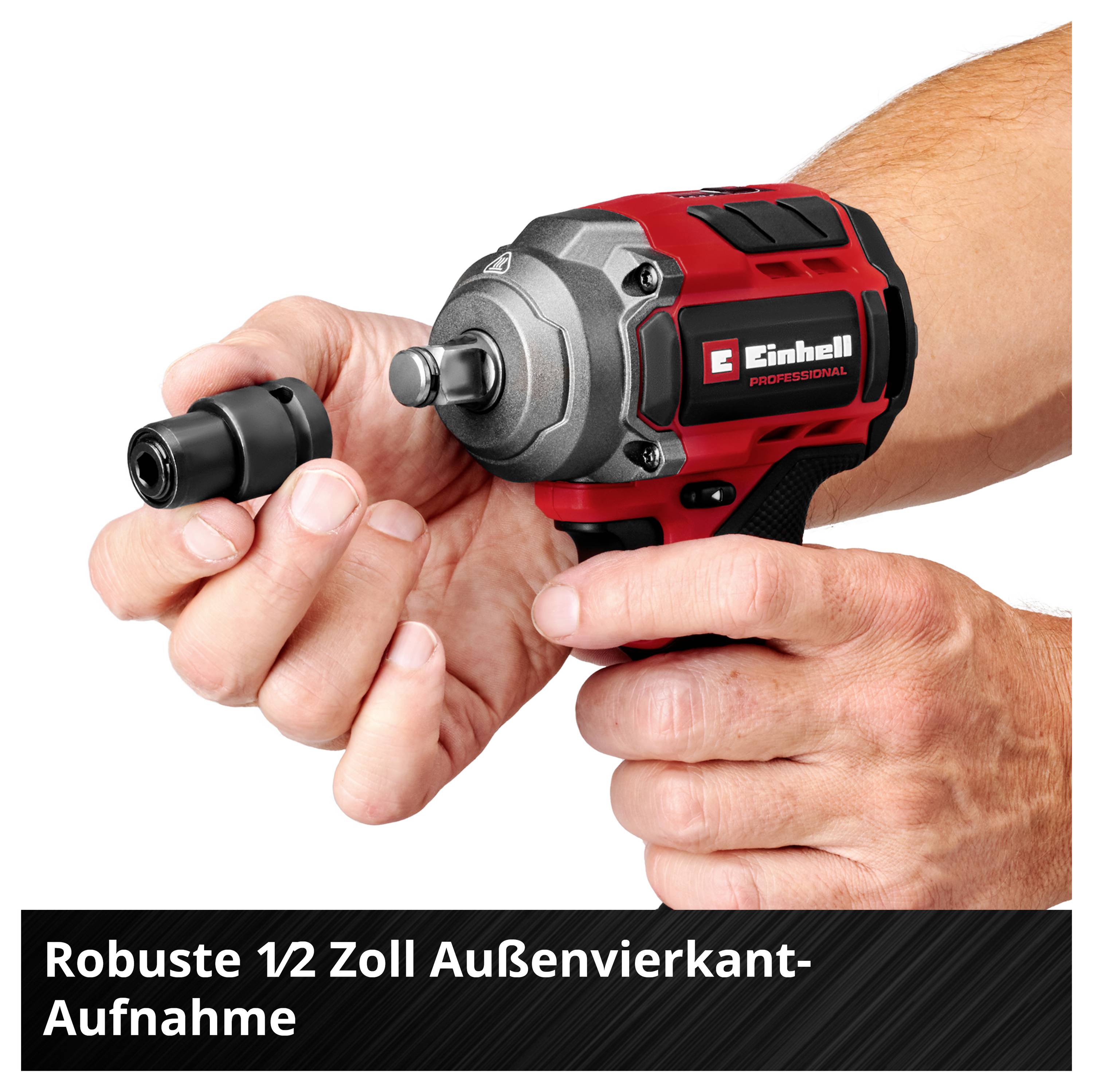 Einhell Schlagschrauber mit robustem 1/2 Zoll Außenvierkant und abnehmbarem Adapter, rot-schwarz gehalten in zwei Händen.