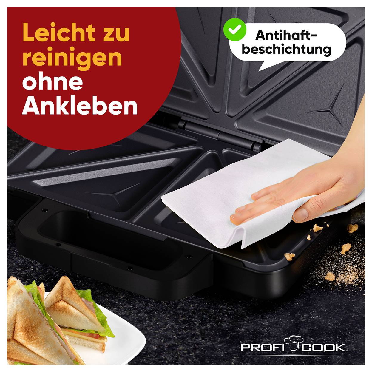Profi Cook PC-ST 1315 Sandwich-Toaster Antihaftbeschichtung, Kontrollleuchte Edelstahl, Schwarz