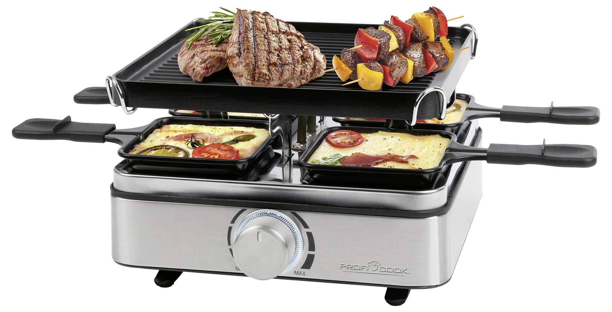 Profi Cook PC-RG 1301 Raclette 4Pfännchen, Antihaftbeschichtung Edelstahl