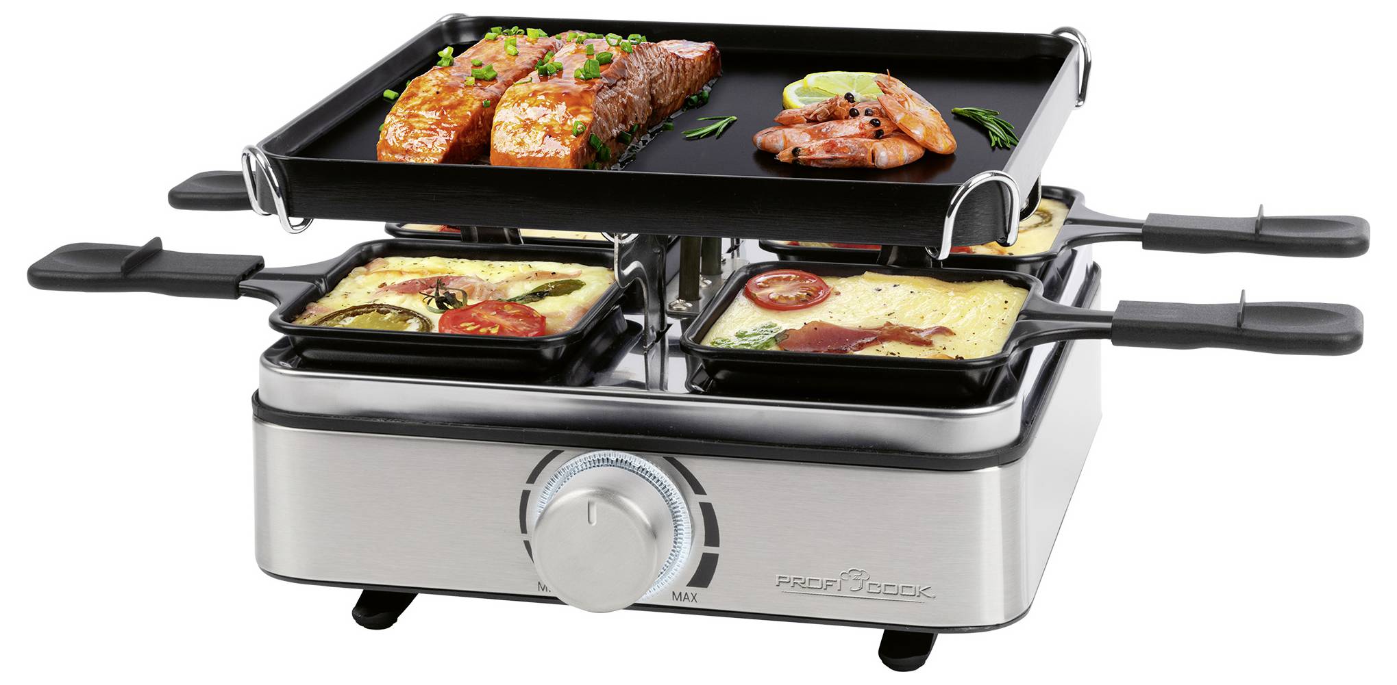 Profi Cook PC-RG 1301 Raclette 4Pfännchen, Antihaftbeschichtung Edelstahl