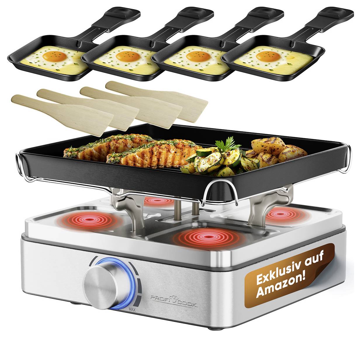 Profi Cook PC-RG 1301 Raclette 4Pfännchen, Antihaftbeschichtung Edelstahl