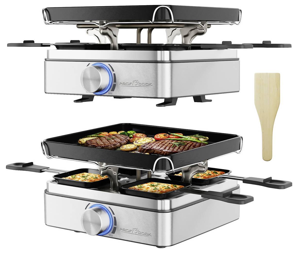 Profi Cook PC-RG 1301 Raclette 4Pfännchen, Antihaftbeschichtung Edelstahl