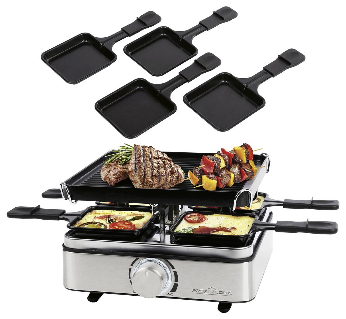 Profi Cook PC-RG 1301 Raclette 4Pfännchen, Antihaftbeschichtung Edelstahl
