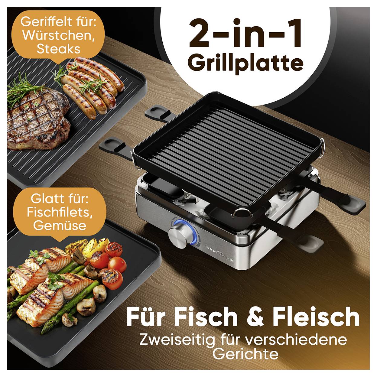 Profi Cook PC-RG 1301 Raclette 4Pfännchen, Antihaftbeschichtung Edelstahl
