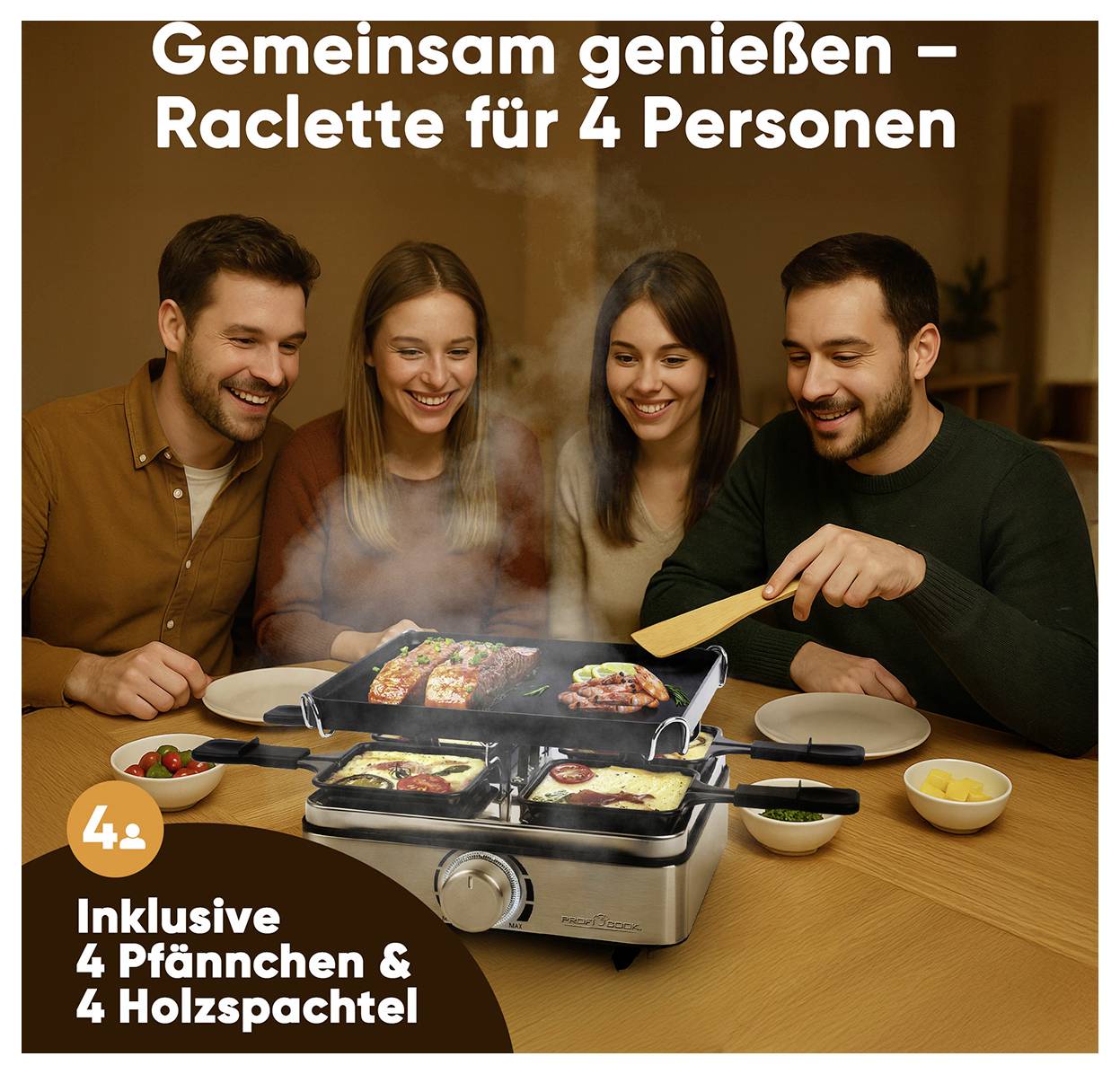 Profi Cook PC-RG 1301 Raclette 4Pfännchen, Antihaftbeschichtung Edelstahl