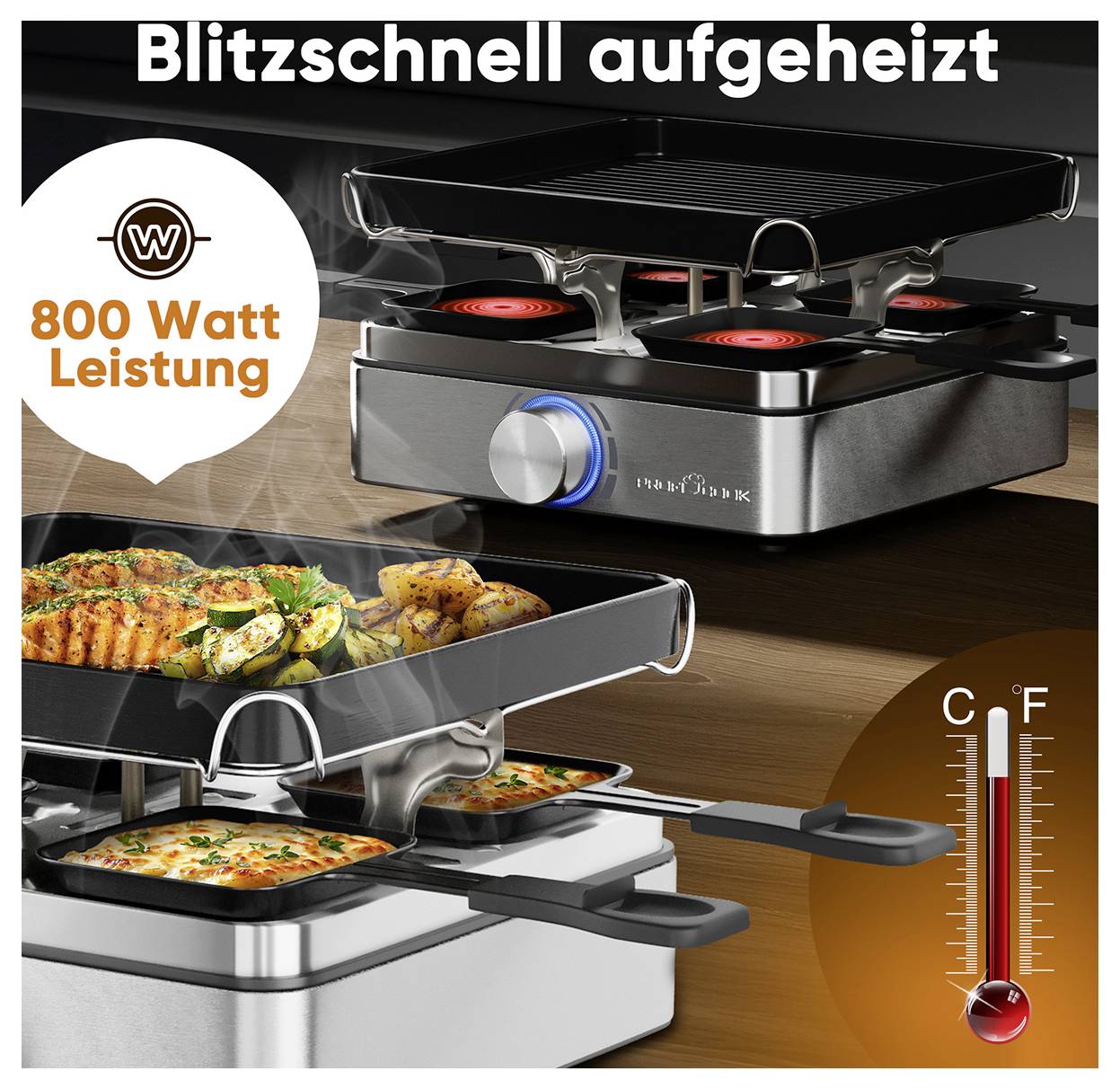 Profi Cook PC-RG 1301 Raclette 4Pfännchen, Antihaftbeschichtung Edelstahl