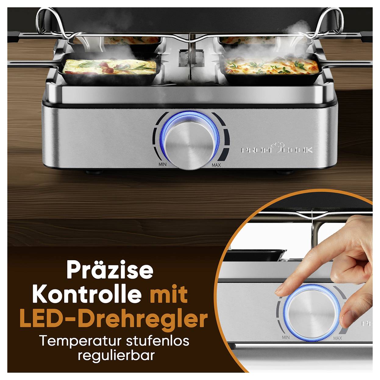 Profi Cook PC-RG 1301 Raclette 4Pfännchen, Antihaftbeschichtung Edelstahl