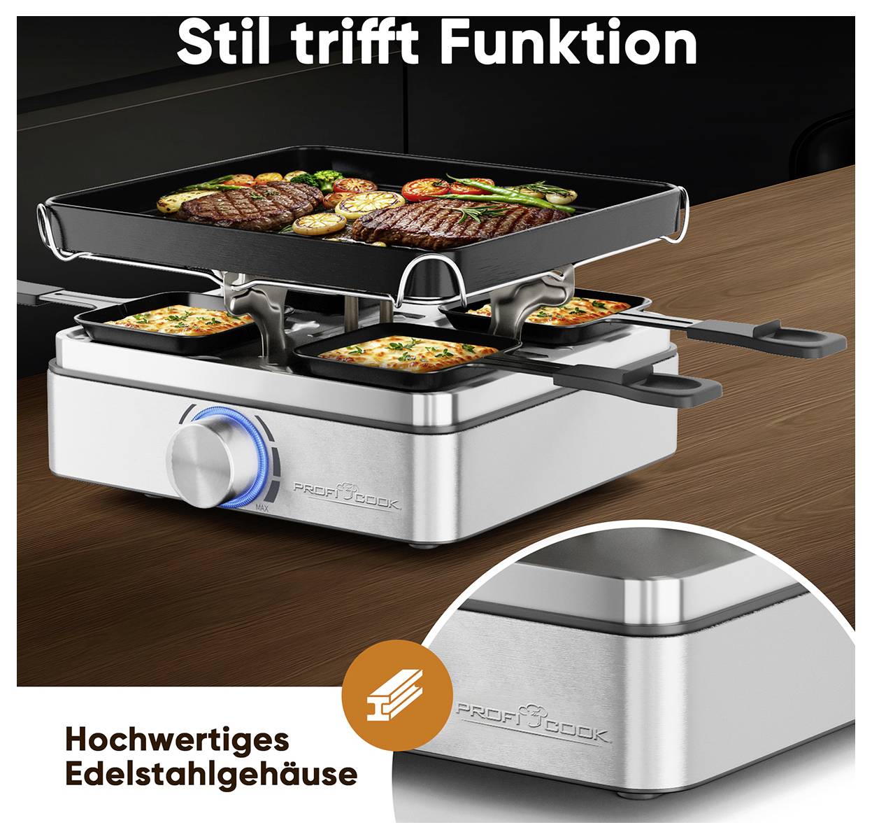 Profi Cook PC-RG 1301 Raclette 4Pfännchen, Antihaftbeschichtung Edelstahl
