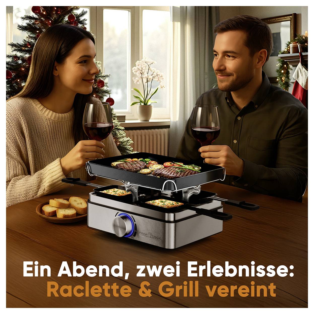 Profi Cook PC-RG 1301 Raclette 4Pfännchen, Antihaftbeschichtung Edelstahl
