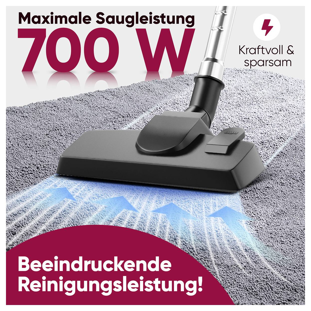Staubsauger auf Teppich zeigt 'Maximale Saugleistung 700 W'. Text unten: 'Beeindruckende Reinigungsleistung!' auf rotem Hintergrund.
