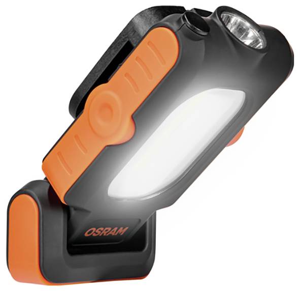 Eine schwarze und orange tragbare LED-Arbeitsleuchte mit magnetischer Basis, konzipiert für vielseitige Positionierung und Verwendung ohne Hände.