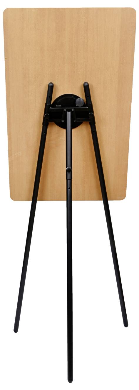 Ein Holz-Staffelei-Ständer, von hinten gezeigt, mit schwarzen Metallbeinen, die zur Stabilität ausgefahren sind.