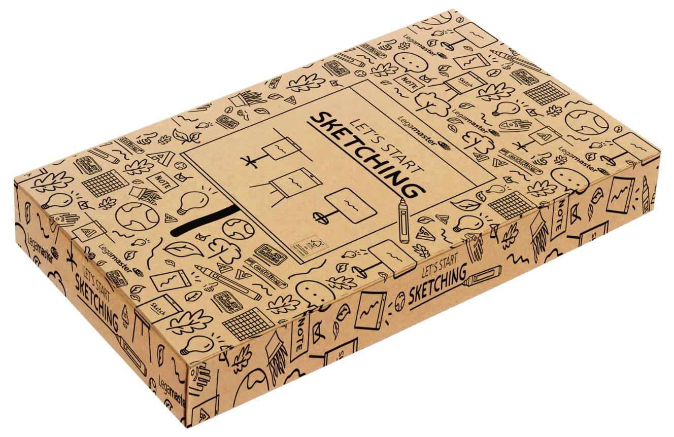 Eine rechteckige Kartonage-Künstlerzubehör-Box mit dem Text ‚Lasst uns Skizzieren beginnen'. Die Schachtel ist mit verschiedenen Doodles und Symbolen dekoriert.