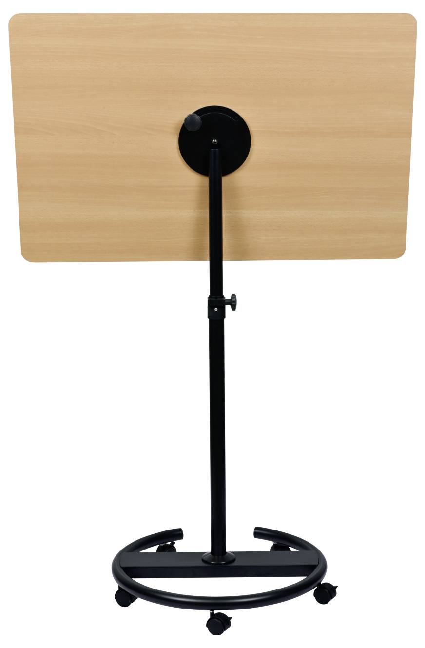Mobiler Holz-Tisch auf einem verstellbaren schwarzen Ständer mit Rollen, konzipiert für Präsentationen oder Vorträge.