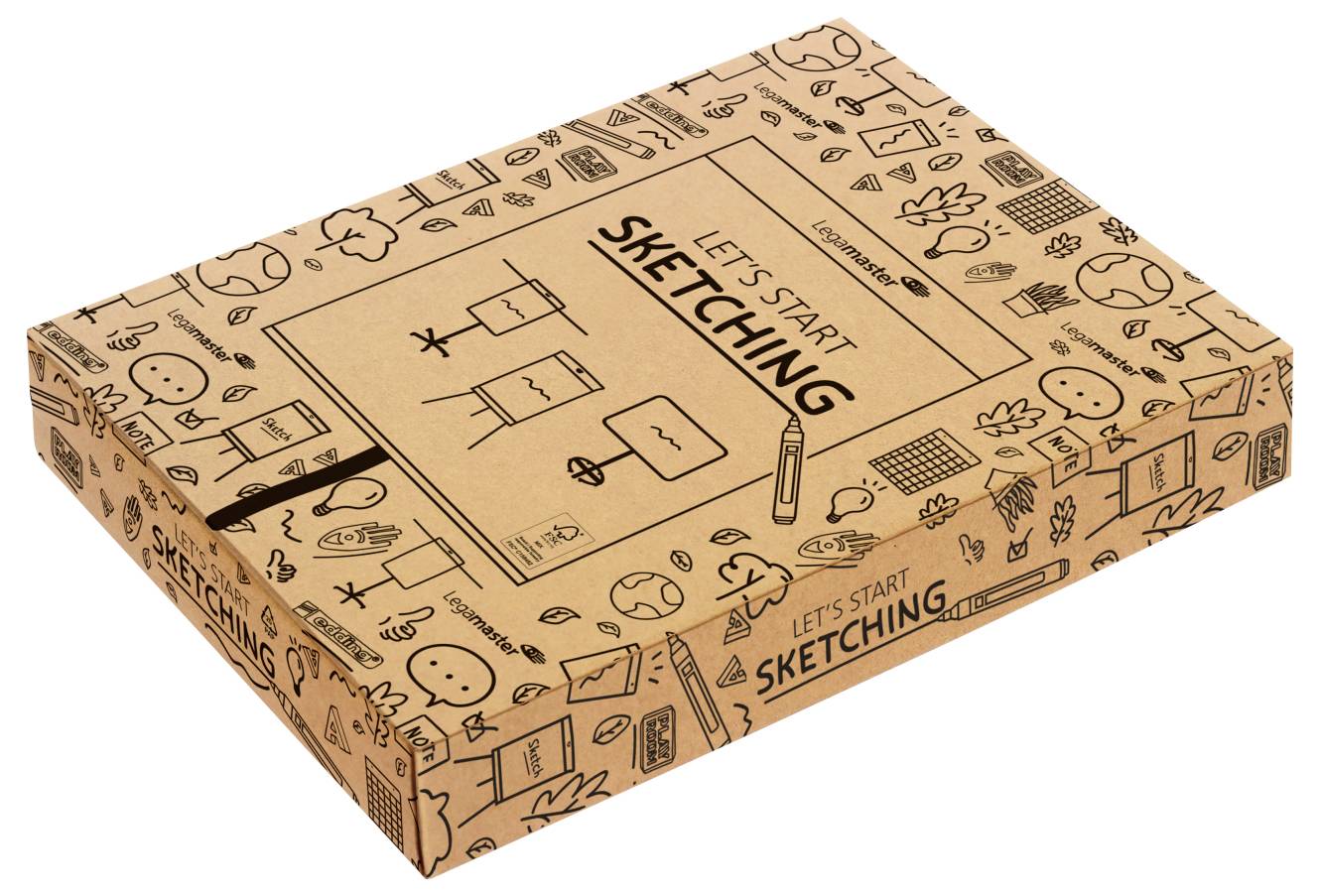 Eine geschlossene Skizzenbox mit Gekritzel und dem Text 