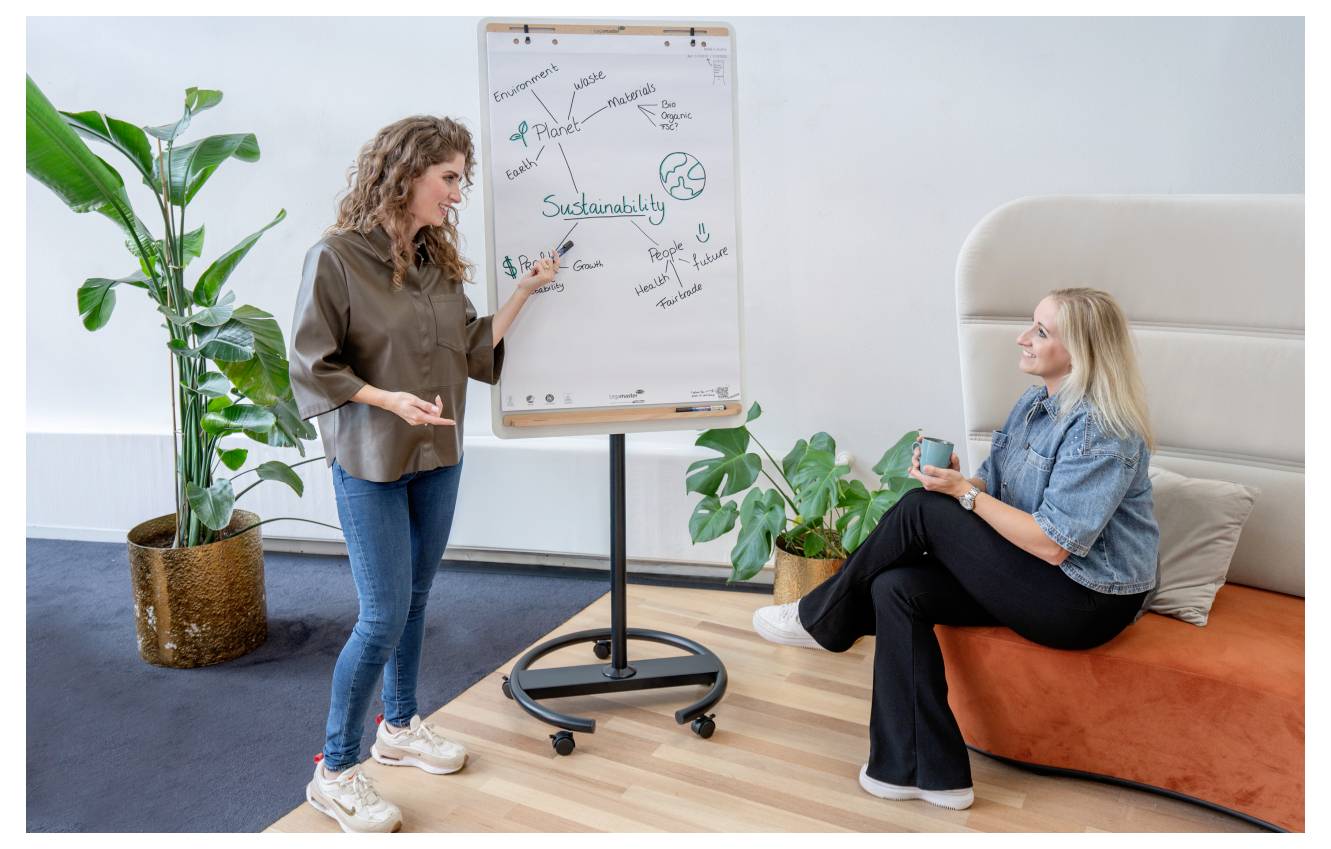 Zwei Frauen diskutieren über 'Nachhaltigkeit' an einem Flipchart. Eine steht und zeigt auf Notizen; die andere sitzt mit einem Notizbuch und ist engagiert.