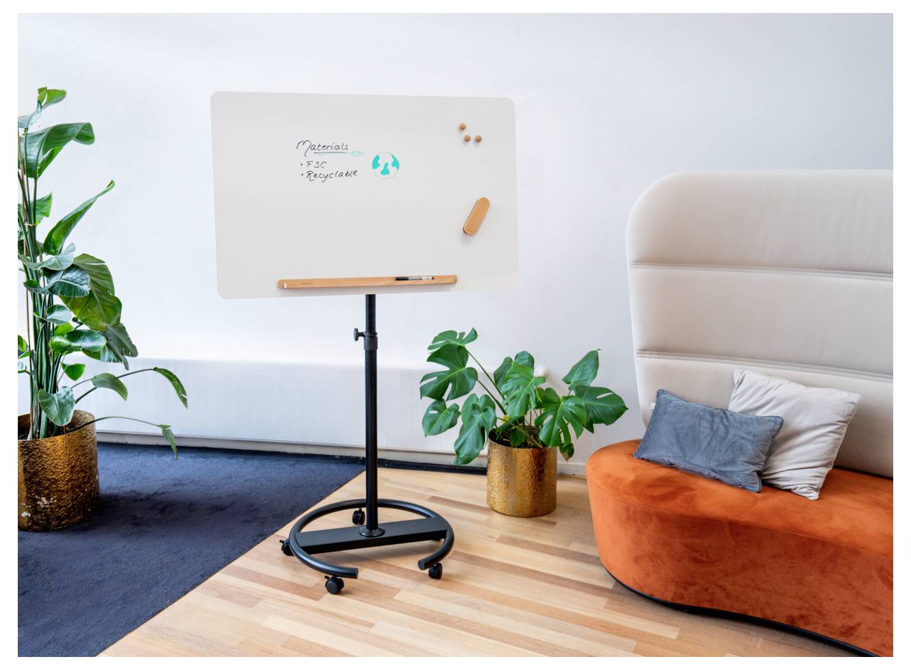 Eine Whiteboard auf einem Ständer zeigt den Text 