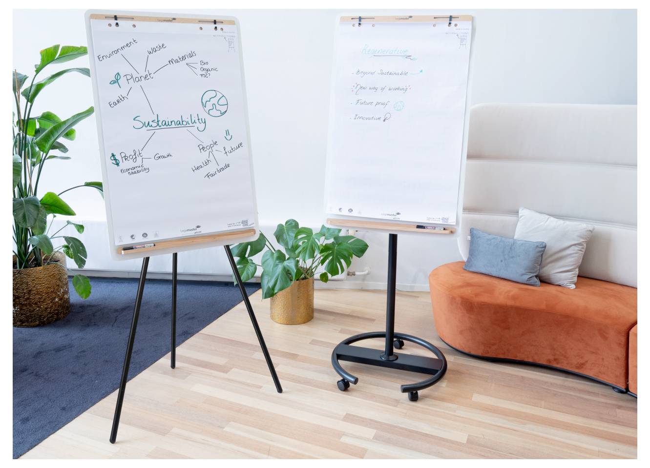 Zwei Flipcharts mit Notizen zu Nachhaltigkeit und ein leeres, umgeben von Pflanzen und einem orangefarbenen Sofa in einem modernen Büroumfeld.