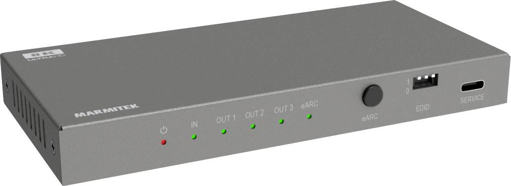 Ein rechteckiges elektronisches Gerät mit beschrifteten Eingabe-/Ausgabeanschlüssen, LED-Anzeigen zur Statussignalisierung und Tasten für Steuerungseinstellungen, hergestellt von Marmitek.