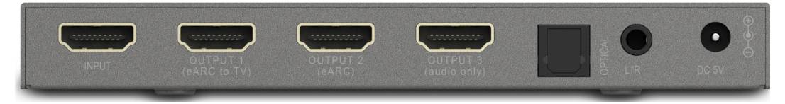 Ein grauer Apparat mit drei HDMI-Ausgangsbuchsen, beschriftet als „Ausgang 1 (HDMI oder DVI)