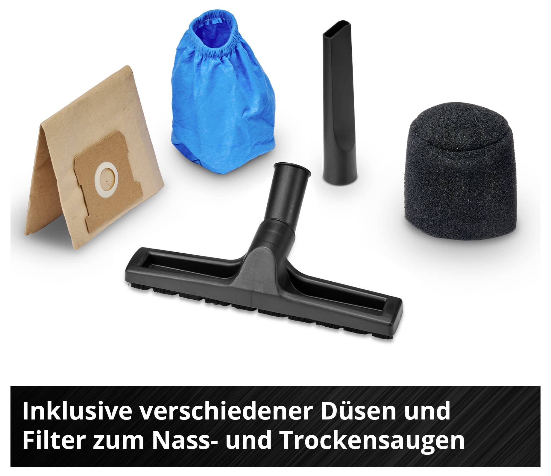 Verschiedene Düsen und Filter für Nass- und Trockensauger. Beinhaltet Bodendüse, Faltenfilter, Schlauchadapter, Staubfilterbeutel, Stofffilter.