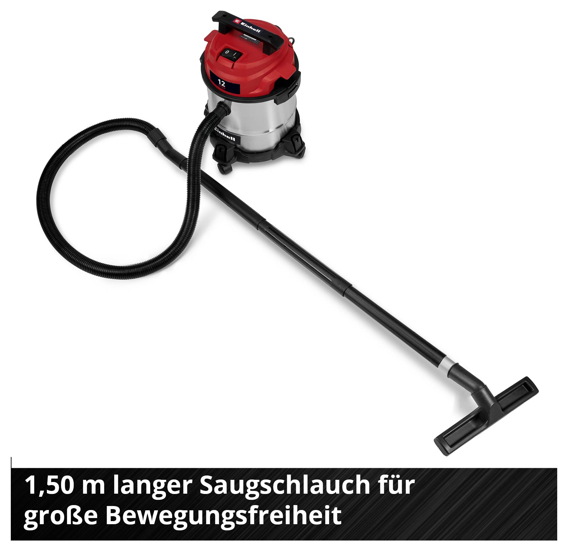 Industriestaubsauger mit rotem Gehäuse und 1,5 m langem Saugschlauch, der Bewegung ermöglicht. Text: '1,50 m langer Saugschlauch für große Bewegungsfreiheit'.